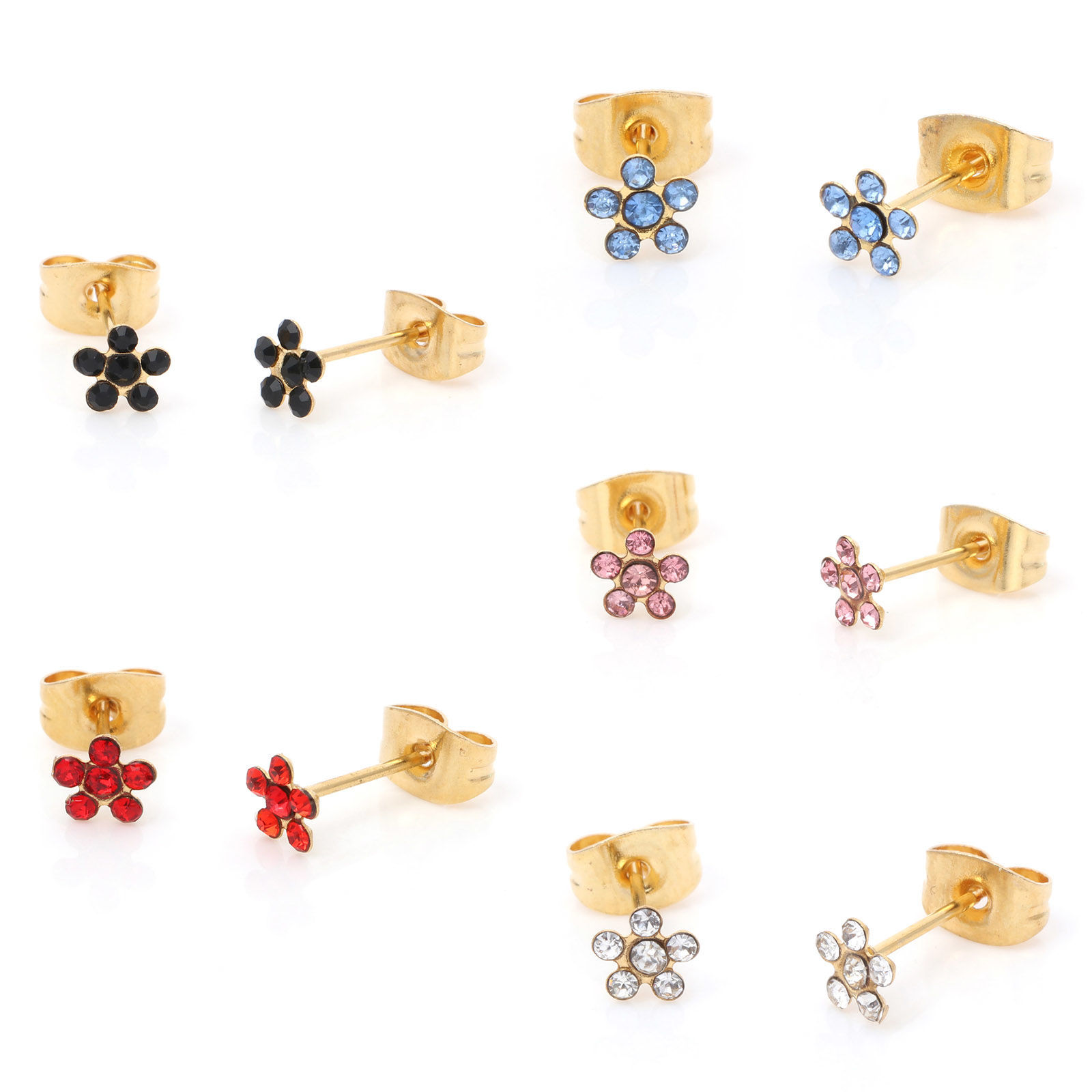 Immagine di 316 Acciaio inossidabile Elegante Orecchini a Perno Oro Placcato Multicolore Fiore Multicolore Strass 5mm Dia., Posta / Filo Dimensione: (21 misura), 1 Paio
