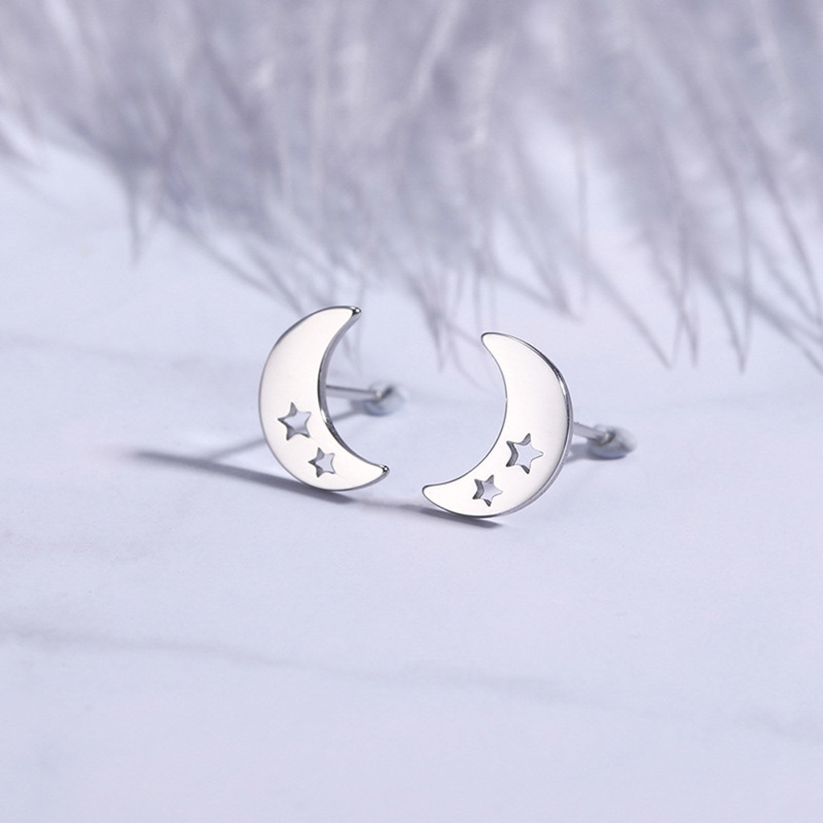Immagine di 304 Acciaio Inossidabile Galassia Orecchini a Perno Multicolore Luna Stella Filigrana 10mm x 7mm, Posta / Filo Dimensione: (20 misura), 1 Paio