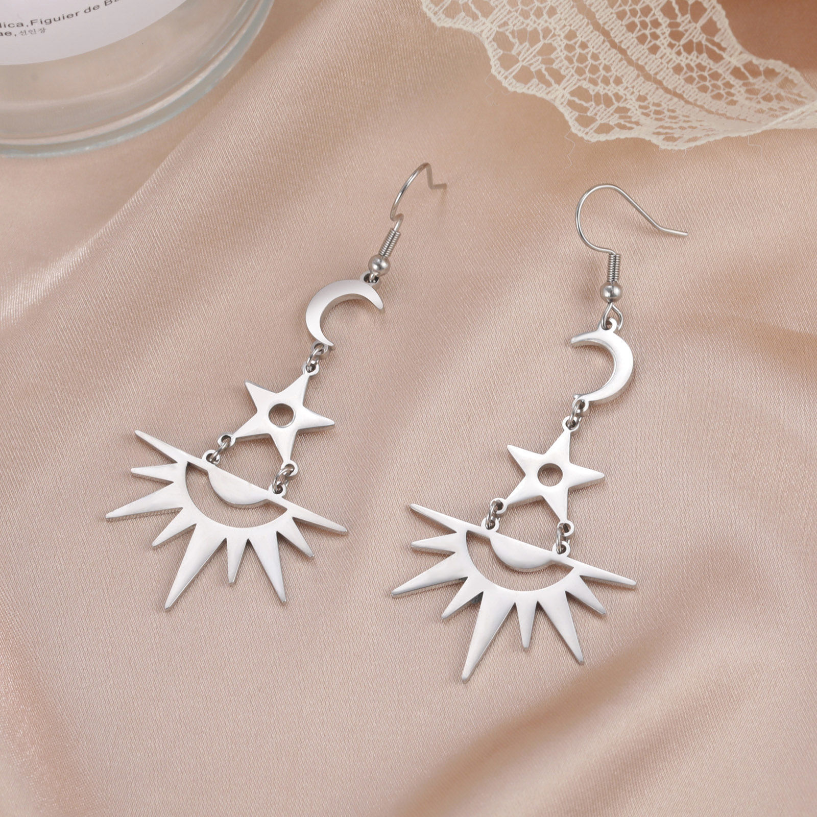 Immagine di 304 Acciaio Inossidabile Galassia Orecchini a Perno Multicolore Stella Sole & Luna 6.2cm, Posta / Filo Dimensione: (20 misura), 1 Paio