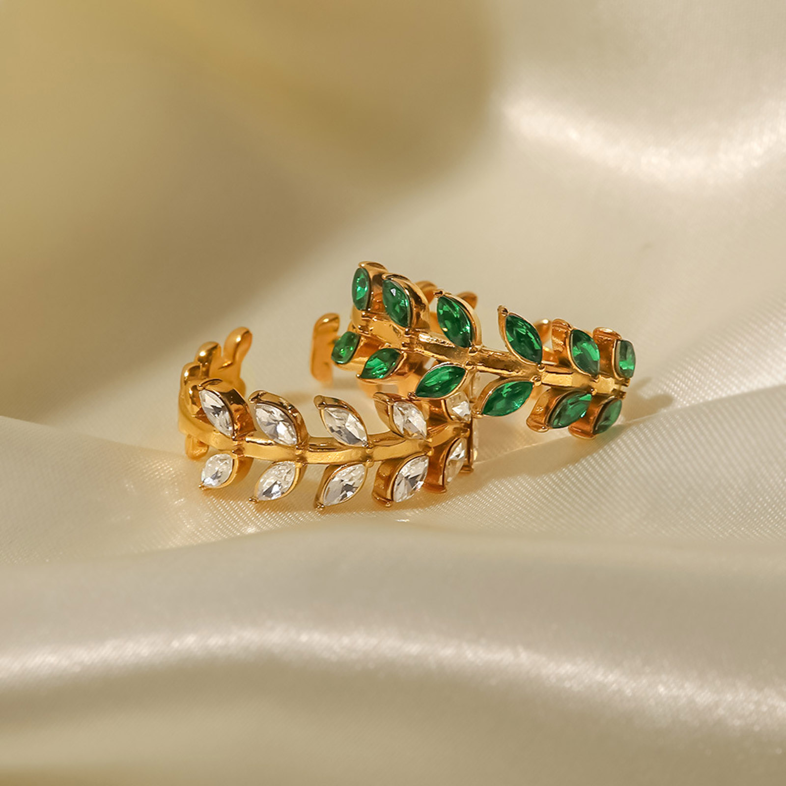Picture of Eco-friendly Simple & Casual Exquisite 18K Real Gold Plated 304 Stainless Steel & Cubic Zirconia Open Adjustable Leaf Rings For Women Anniversary