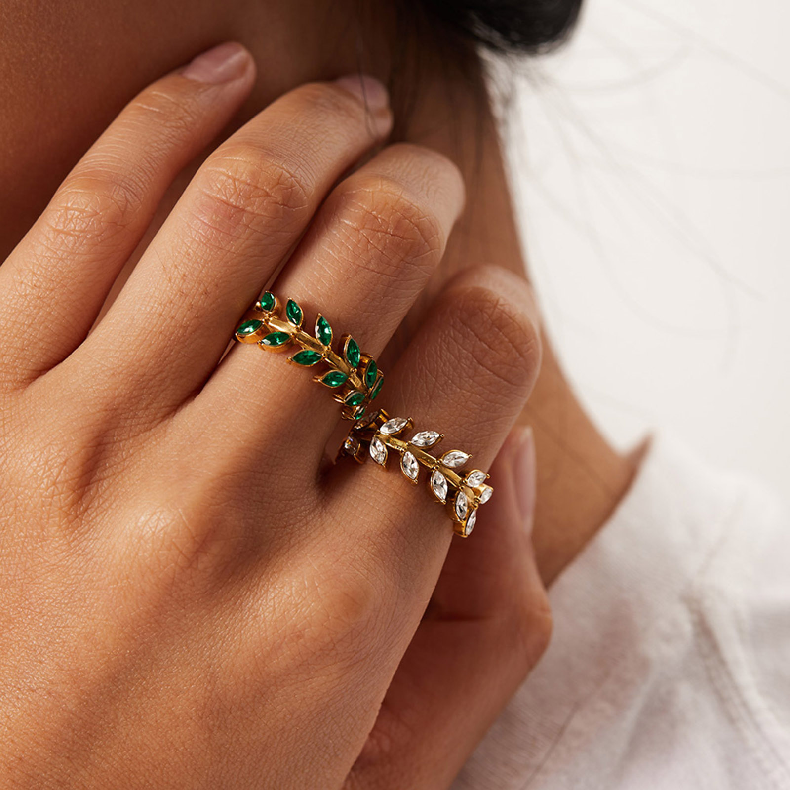 Picture of Eco-friendly Simple & Casual Exquisite 18K Real Gold Plated 304 Stainless Steel & Cubic Zirconia Open Adjustable Leaf Rings For Women Anniversary