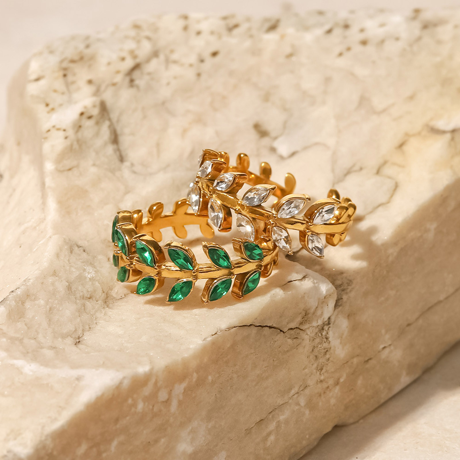Picture of Eco-friendly Simple & Casual Exquisite 18K Real Gold Plated 304 Stainless Steel & Cubic Zirconia Open Adjustable Leaf Rings For Women Anniversary