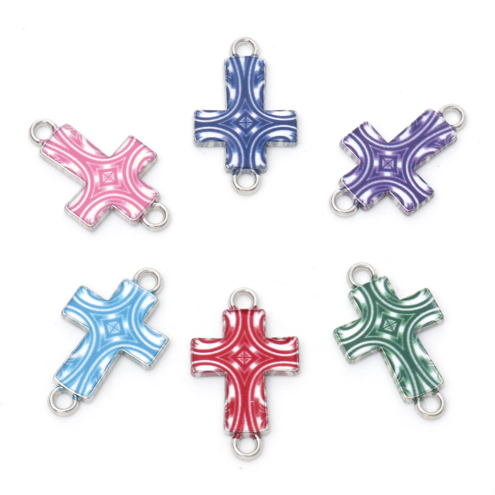 Image de Connecteurs Religieux en Alliage de Zinc Croix Multicolore Argent Mat Émail 24mm x 15mm, 20 Pcs