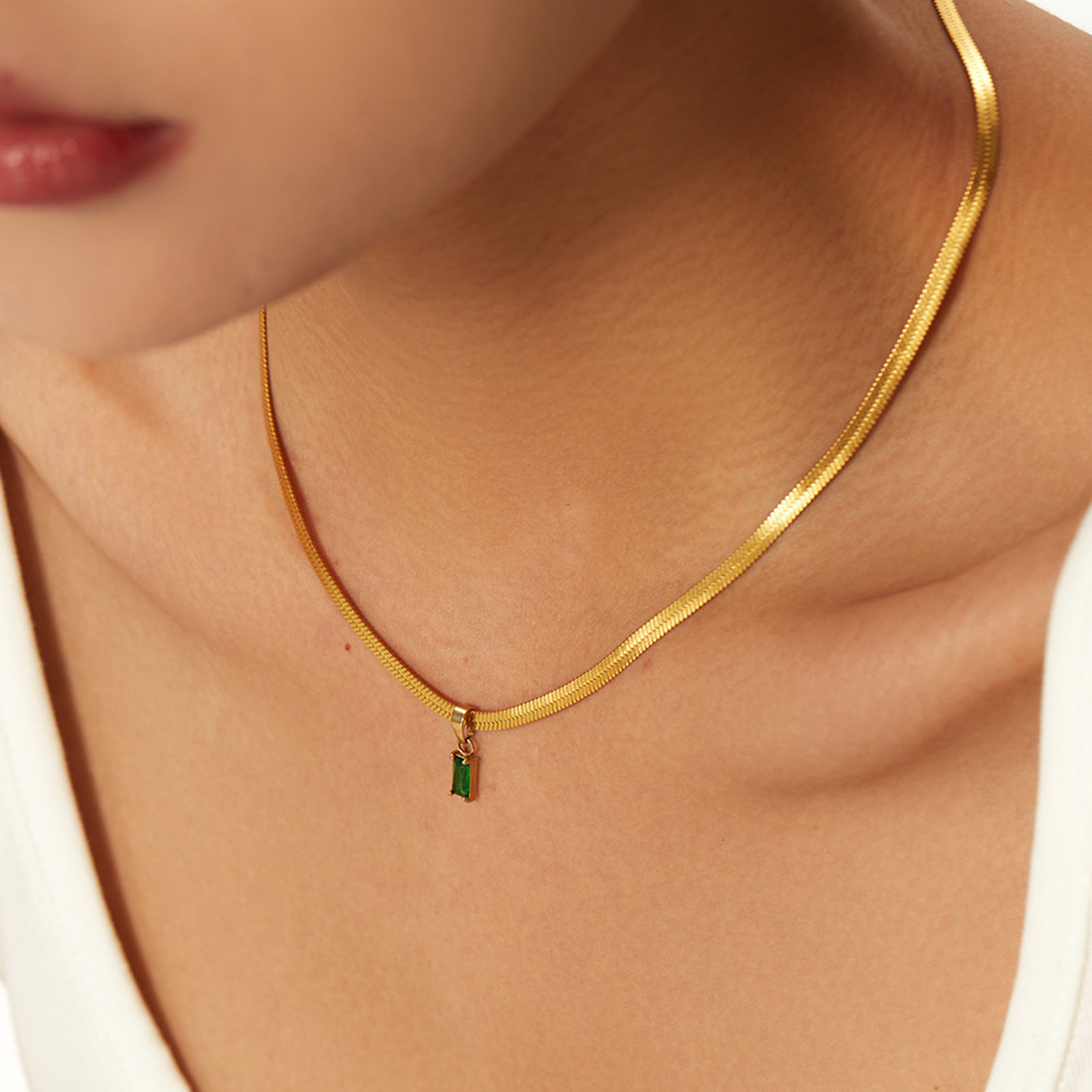 Immagine di Ecologico Squisito Stile Ins 18K Oro riempito 304 Acciaio Inossidabile & Zircone Cubico Catena di Serpente Rettangolo Collana con Ciondolo Per Donne 1 Pz