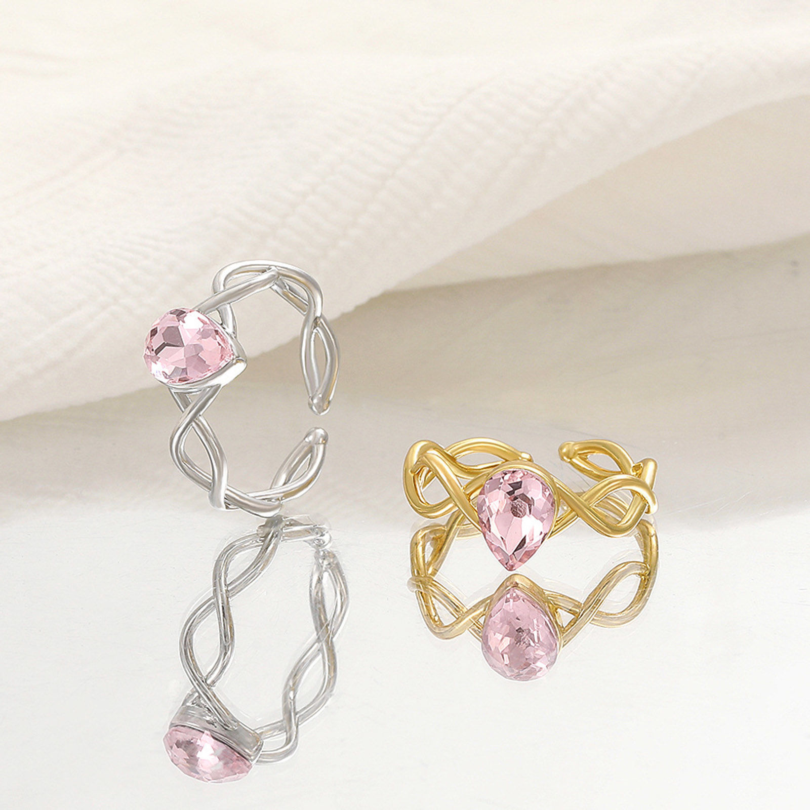 Picture of Copper Wedding Open Adjustable Rings Braided Drop Multicolor Pink Cubic Zirconia