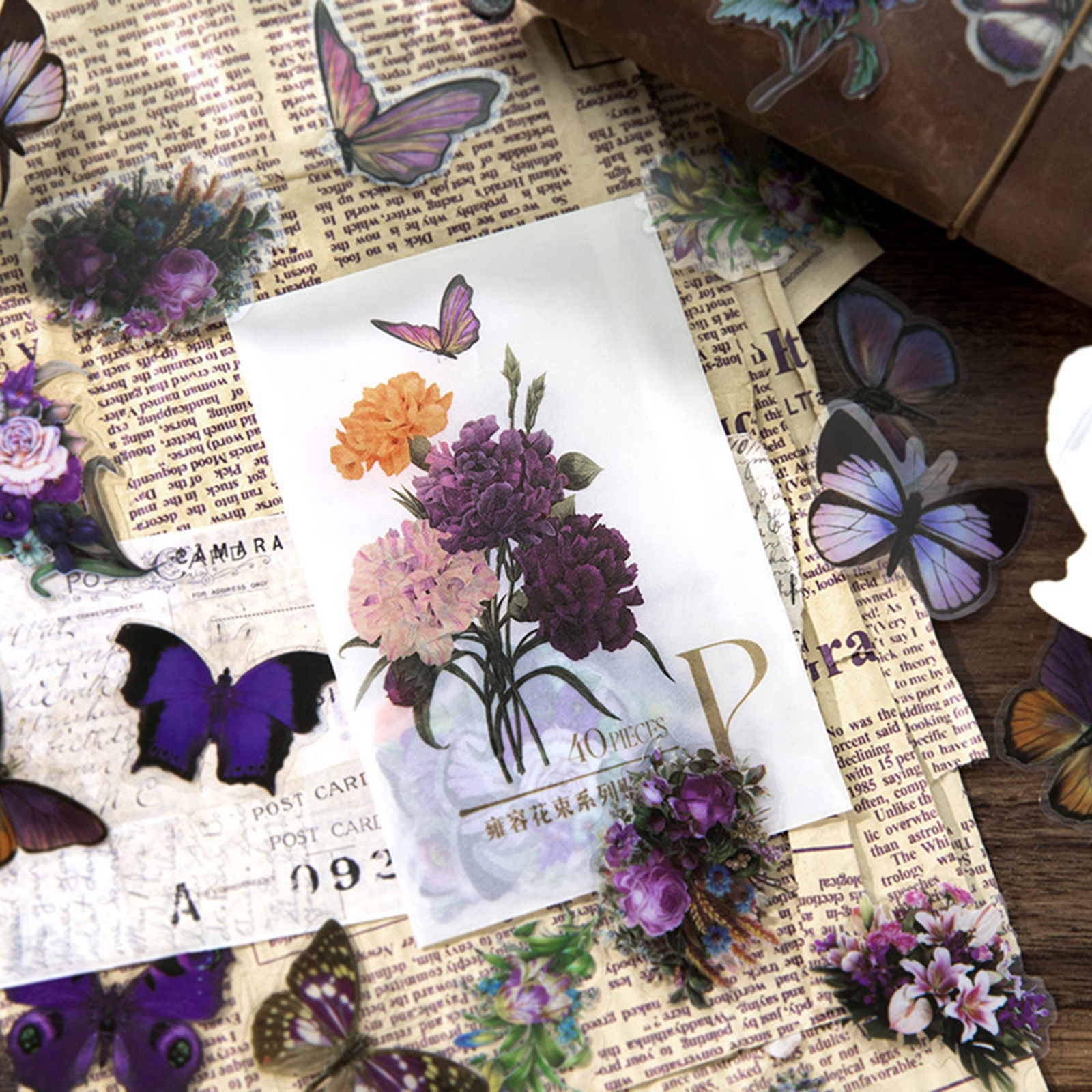 Bild von PET Insekt DIY Scrapbook Sticker Aufkleber Bunt Schmetterling Blumen 6cm x 4cm, 1 Set ( 40 Stück/Set)