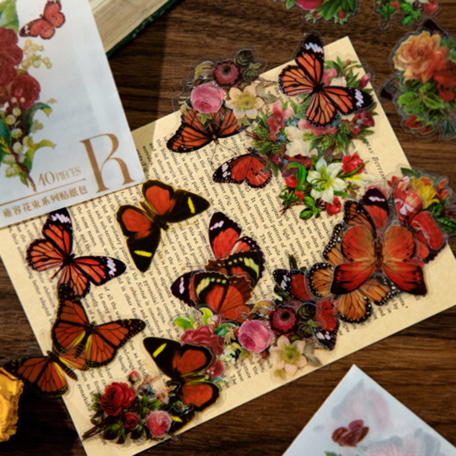 Imagen de PET Insecto DIY Pegatinas Multicolor Mariposa Flor 6cm x 4cm, 1 Juego ( 40 Unidades/Juego)