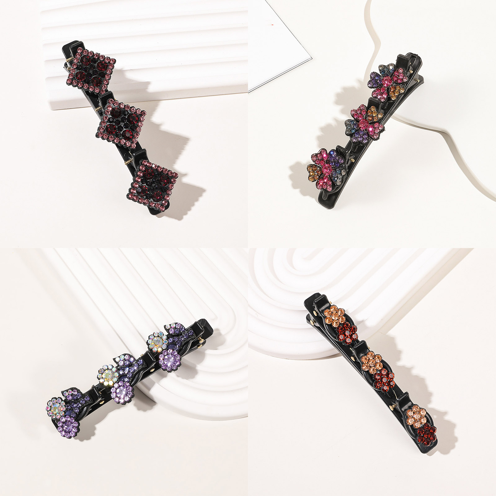 Imagen de Resina Trenzado Pinzas de pelo Negro Flor Multicolor Rhinestone 1 Unidad