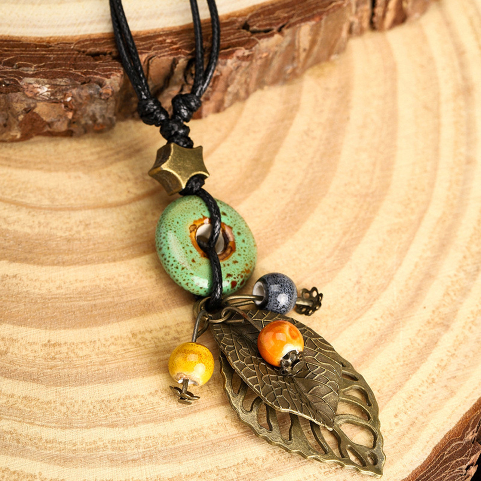 Picture of Ceramic Boho Chic Bohemia Sweater Necklace Long Antique Bronze Multicolor Circle Ring Leaf