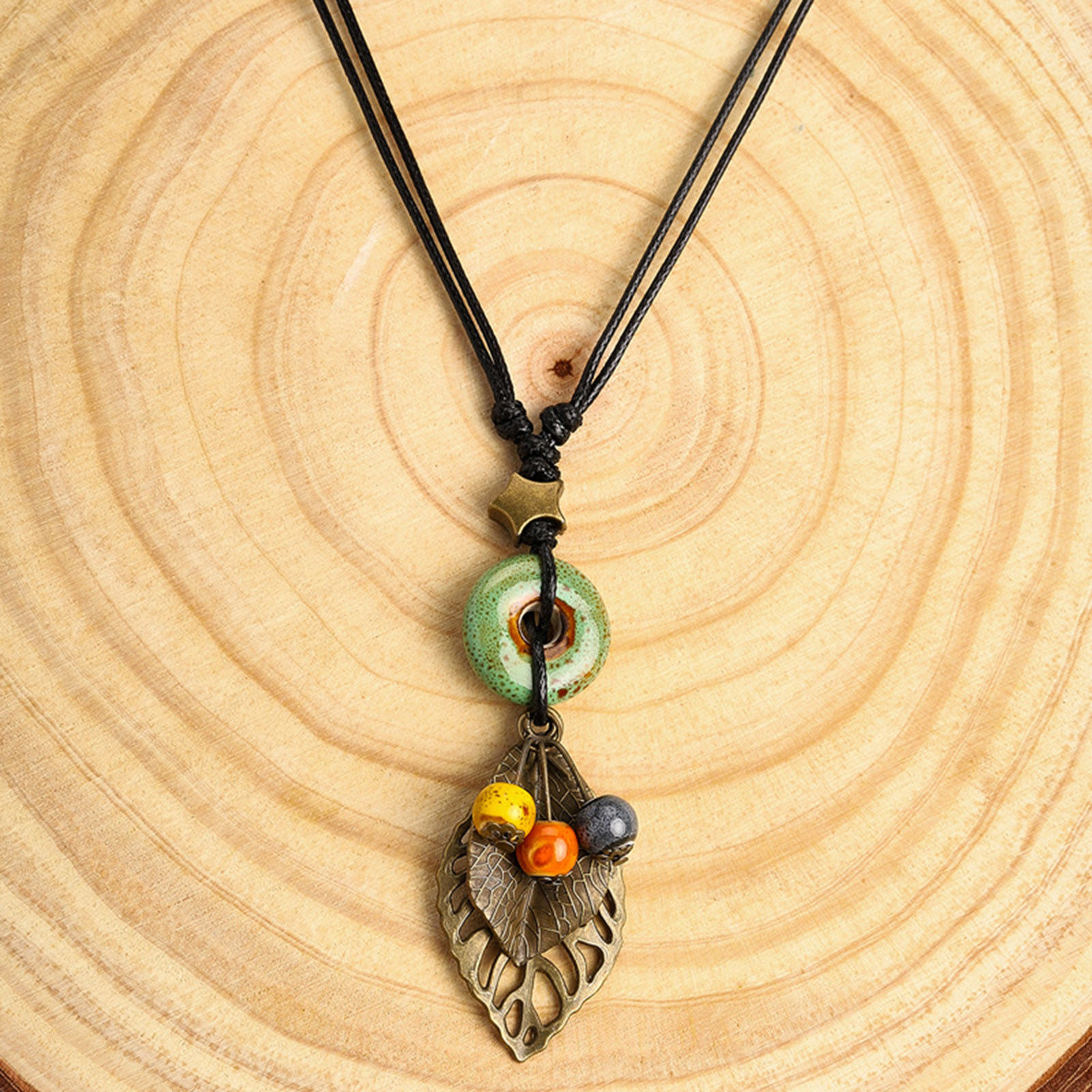 Bild von Keramik Böhmischer Stil Pullover Halskette Bronzefarbe Bunt Ring Blätter 1 Strang