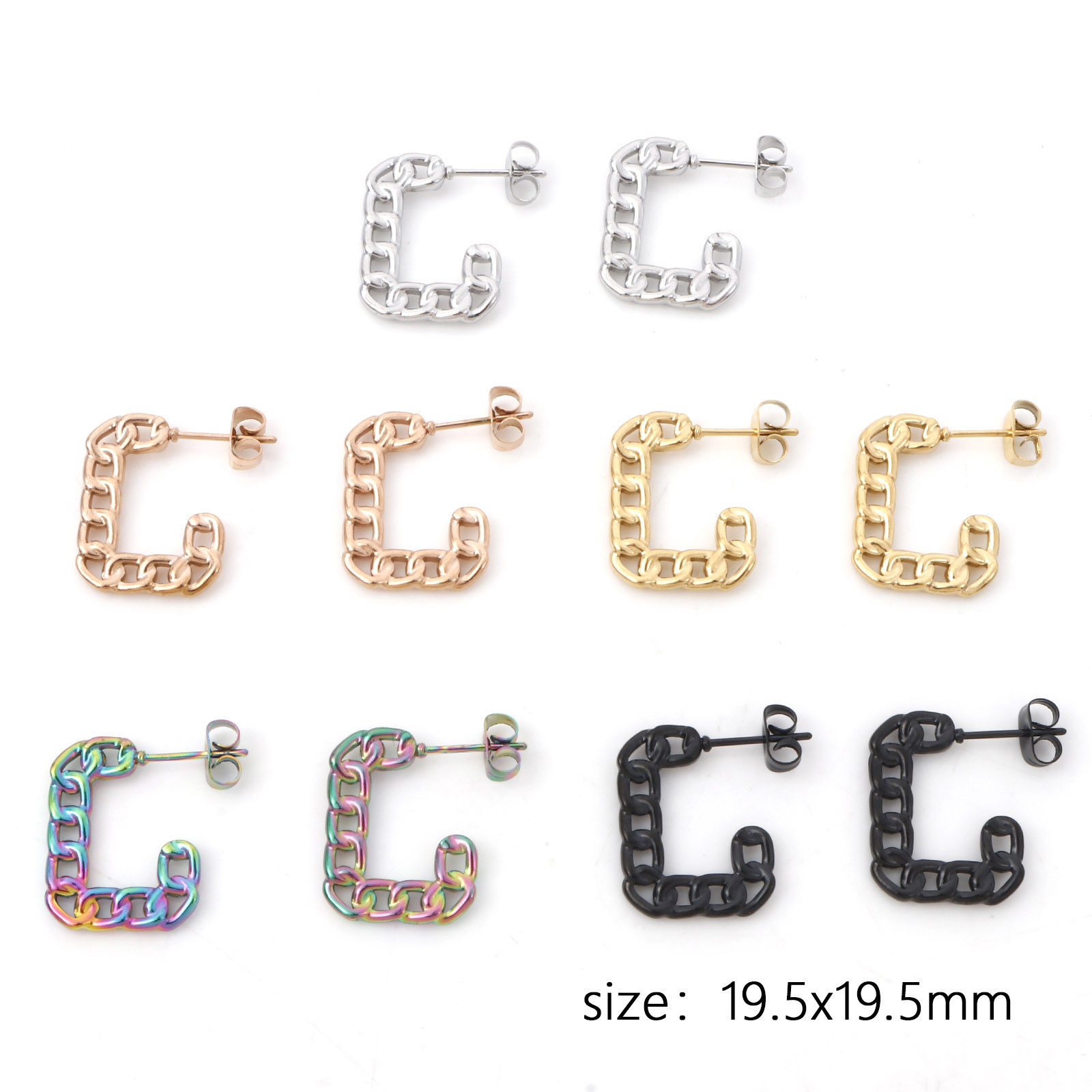 Immagine di 316 Acciaio inossidabile Elegante orecchino cerchio Multicolore Catena a Maglie Rettangolo 19.5mm x 19.5mm, Posta / Filo Dimensione: (20 misura), 1 Paio