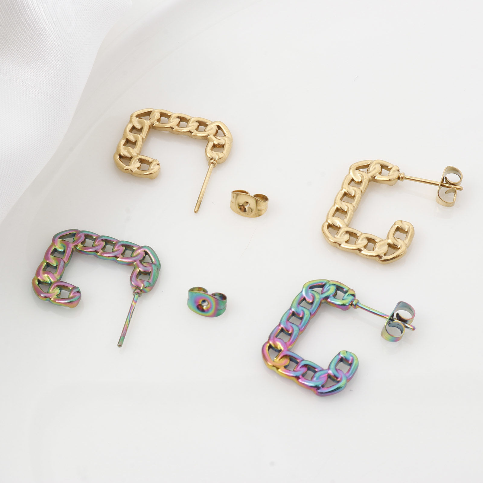 Immagine di 316 Acciaio inossidabile Elegante orecchino cerchio Multicolore Catena a Maglie Rettangolo 19.5mm x 19.5mm, Posta / Filo Dimensione: (20 misura), 1 Paio