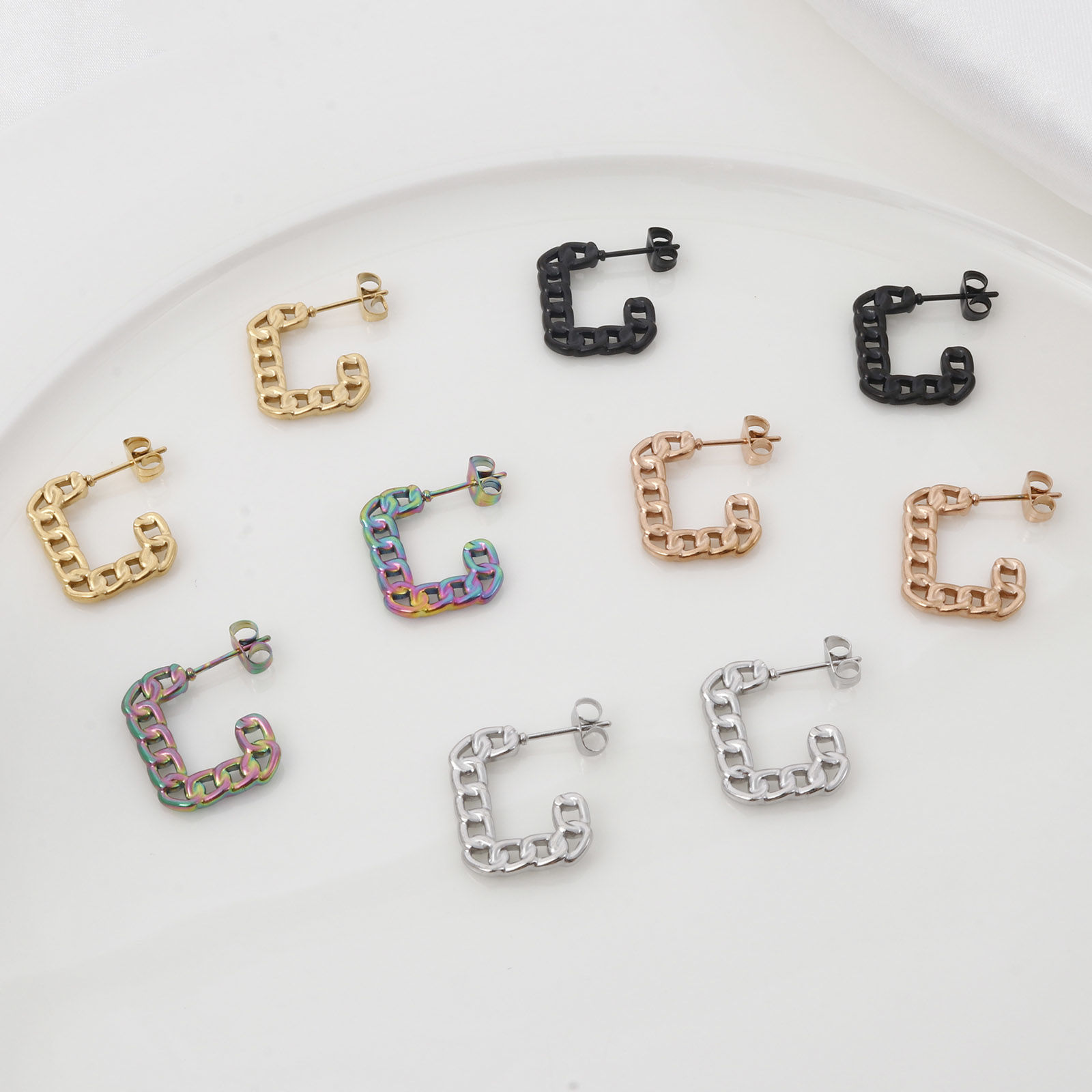 Immagine di 316 Acciaio inossidabile Elegante orecchino cerchio Multicolore Catena a Maglie Rettangolo 19.5mm x 19.5mm, Posta / Filo Dimensione: (20 misura), 1 Paio