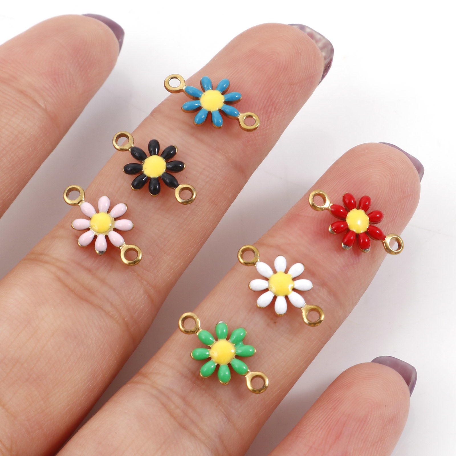 Picture of 304 Stainless Steel Connectors Gold Plated Daisy Flower Enamel 13mm x 7.5mm