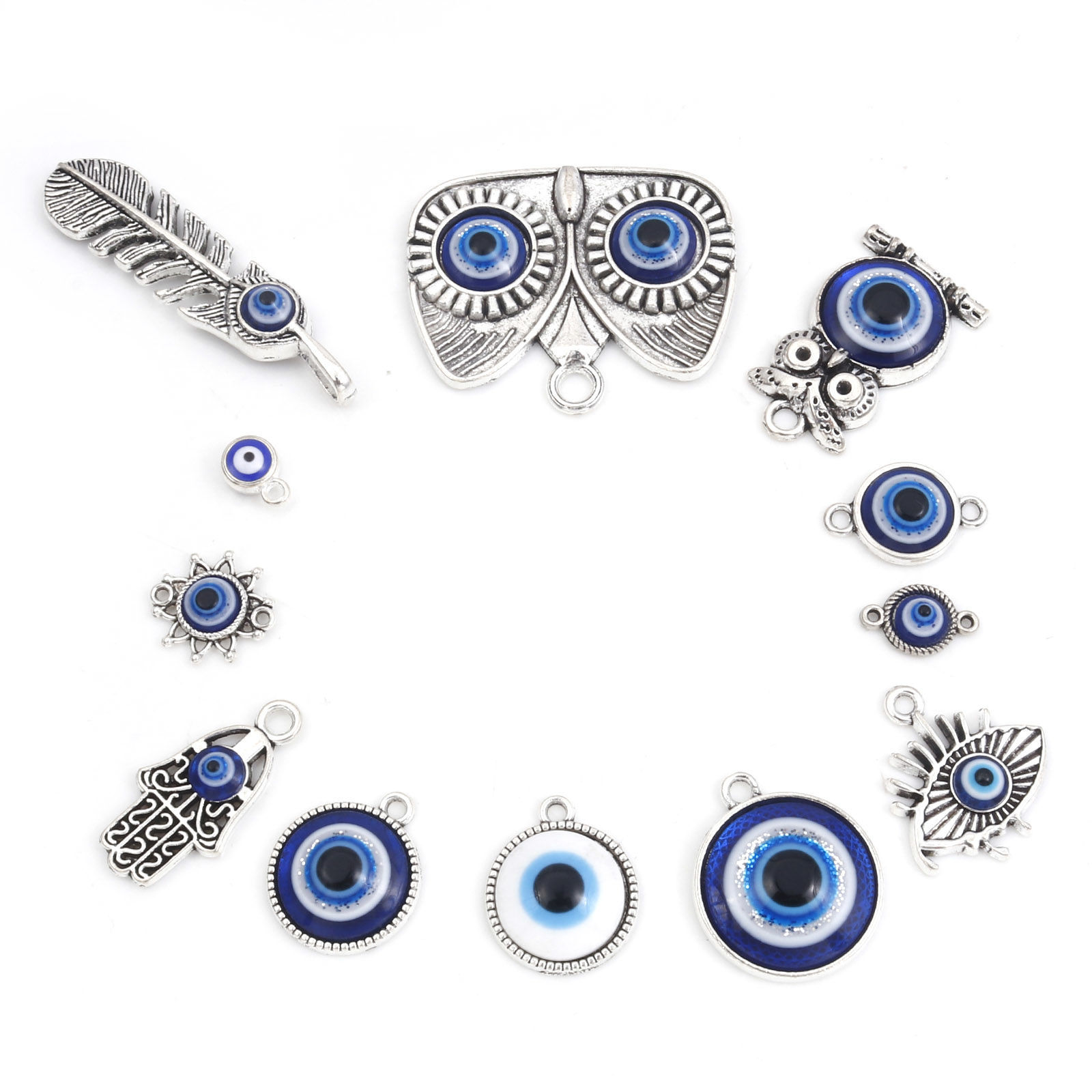 Imagen de Zamak Religión Colgantes Charms Plata Antigua Azul Mal de ojo Con Cabochons de la Resina 10 Unidades