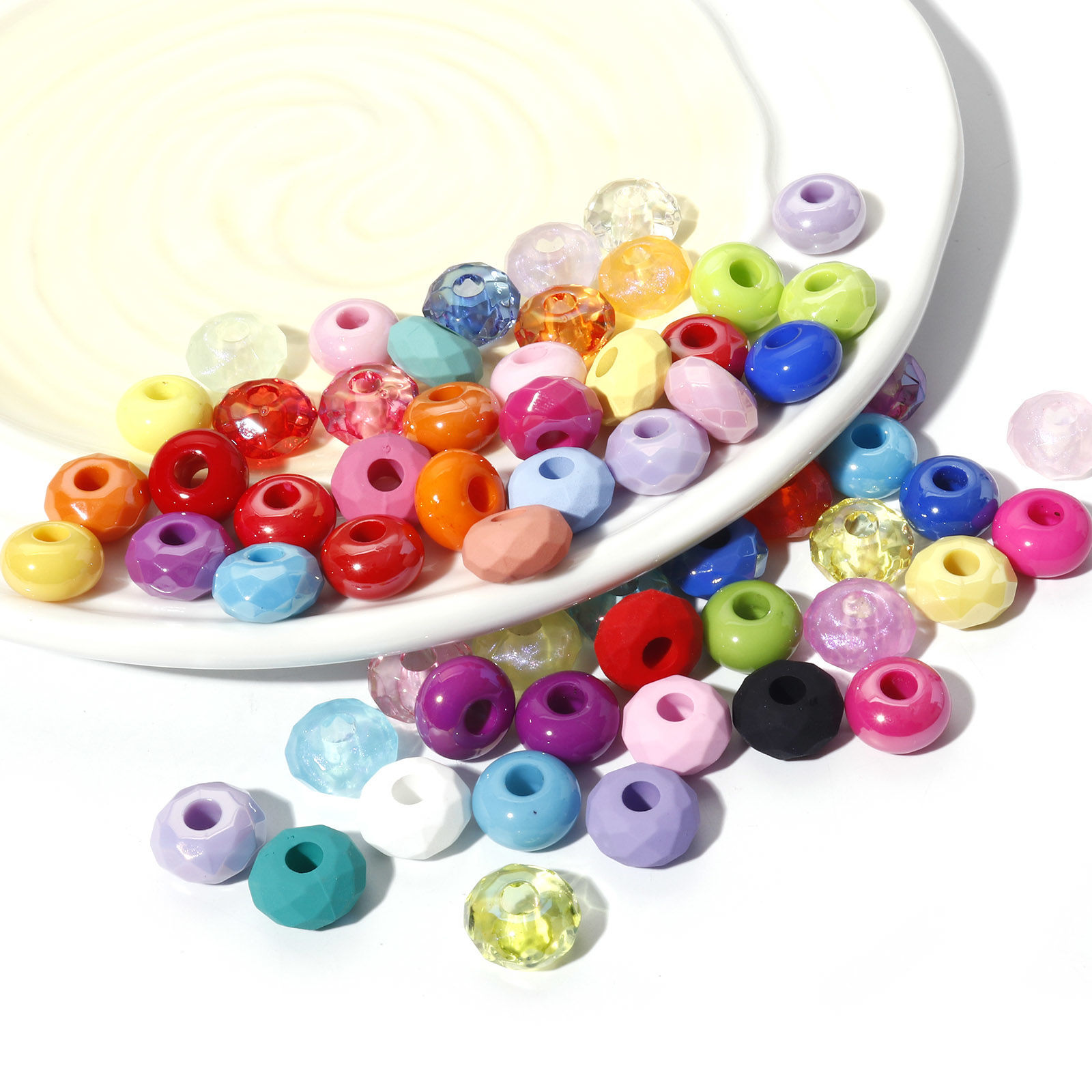 Picture of Acrylic European Style Large Hole Charm Beads At Random Color Flat Round Faceted 14mm Dia.