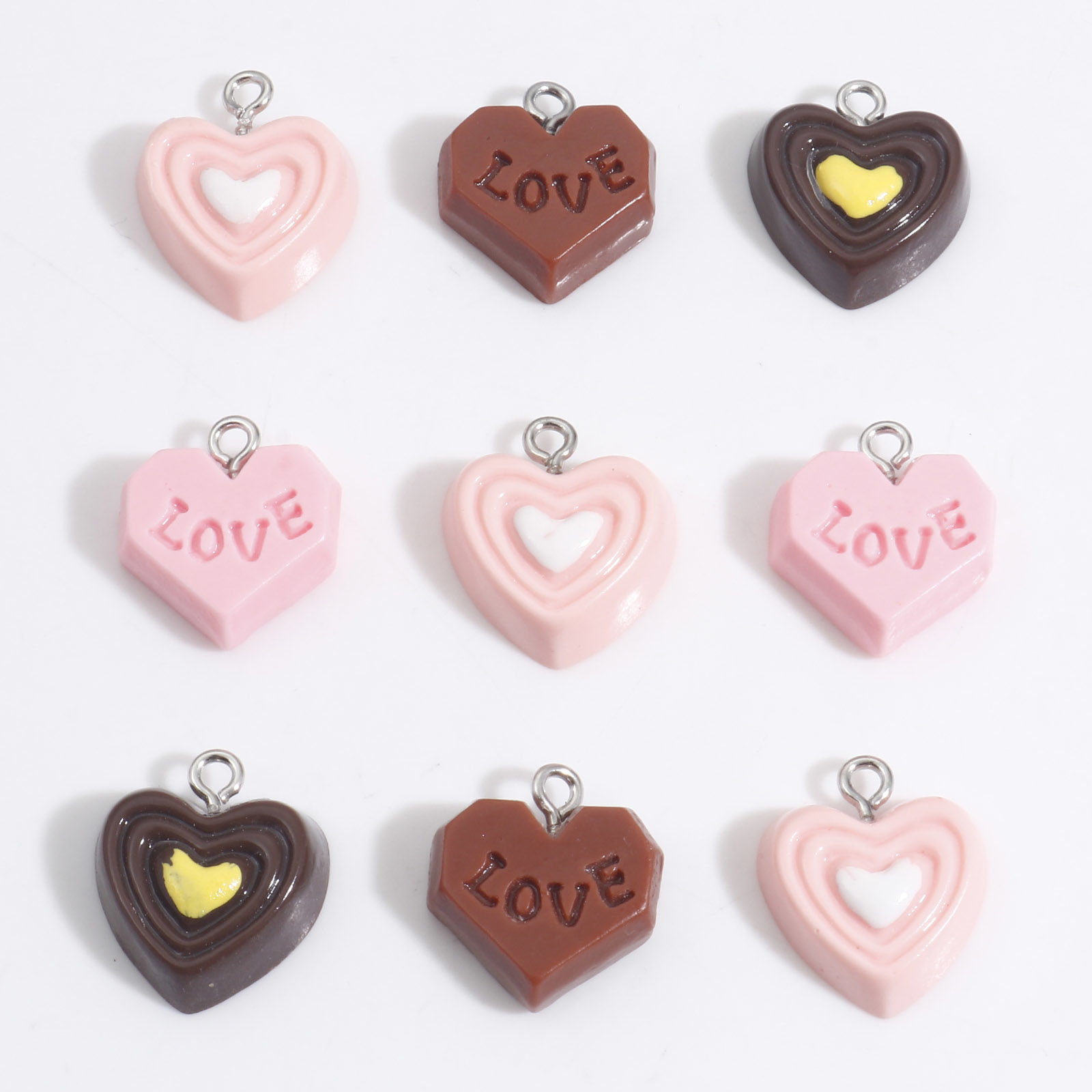 Bild von Harz Valentinstag Charms Schokolade Herz Silberfarbe Bunt 18mm x 16mm, 10 Stück