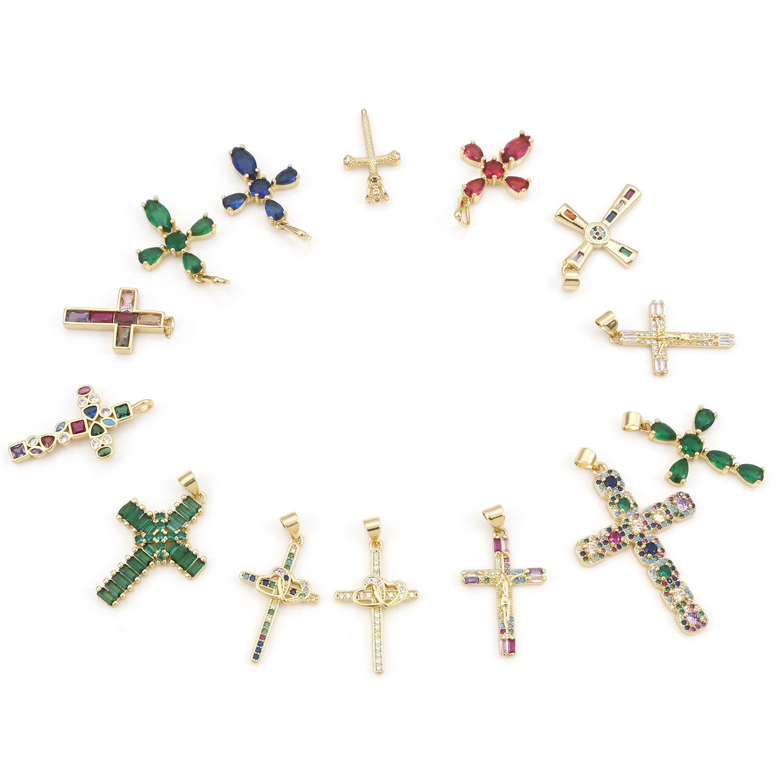 Bild von Kupfer Religiös Anhänger Vergoldet Kreuz Micro Pave Bunt Kubischer Zirkon 1 Stück