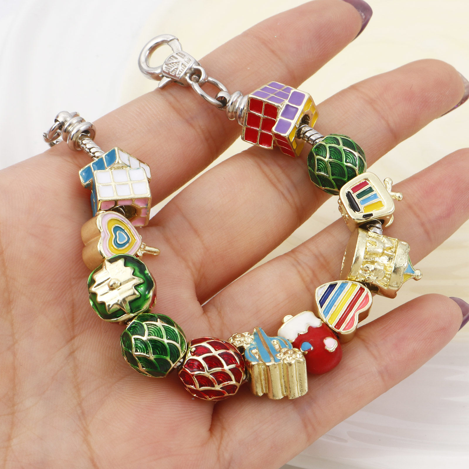 Picture of Zinc Based Alloy European Style Large Hole Charm Beads Gold Plated Heart Strawberry Fruit Enamel