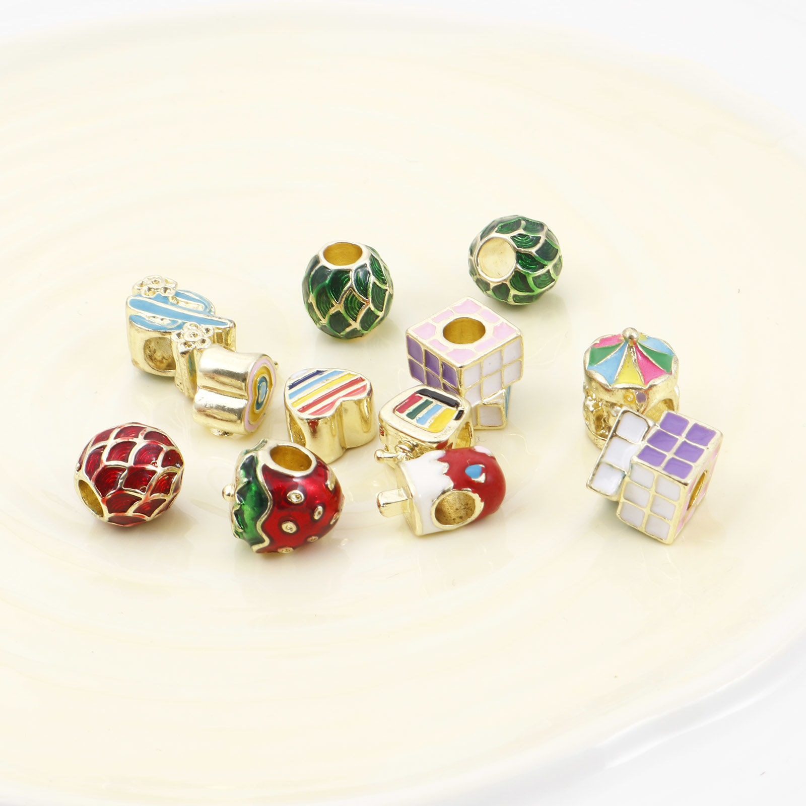 Picture of Zinc Based Alloy European Style Large Hole Charm Beads Gold Plated Heart Strawberry Fruit Enamel