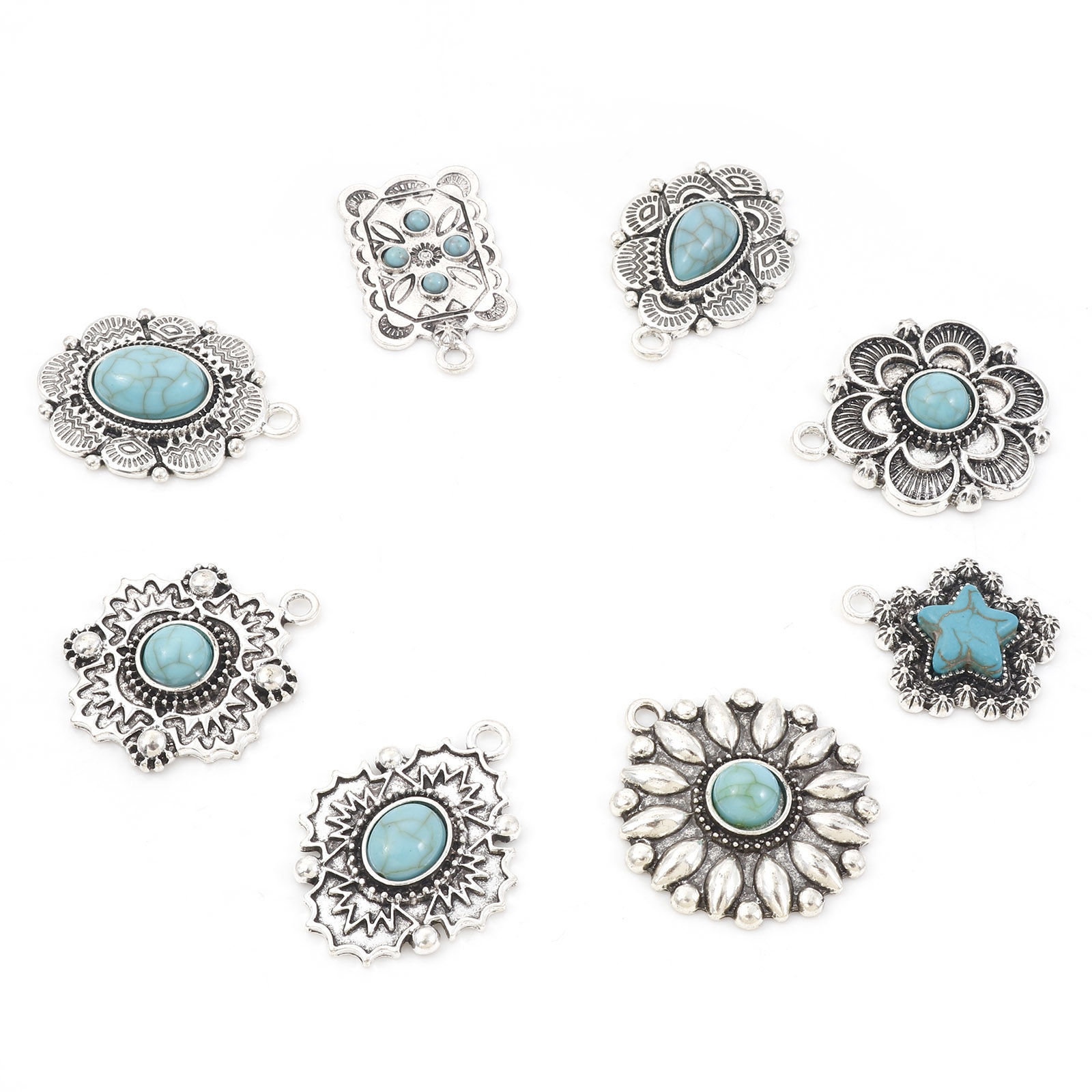 Bild von Zinklegierung Böhmischer Stil Anhänger Antiksilber Cyan Geschnitzte Muster Mit Harz Imitat Howlith Cabochons 5 Stück
