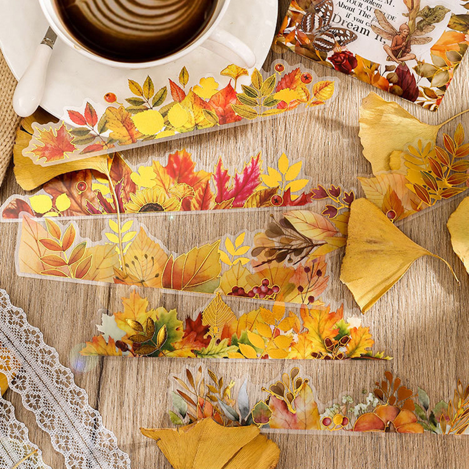Immagine di PET DIY Decorazione Di Scrapbook Adesivi Giallo Foglia 22.6cm x 7.4cm, 1 Serie ( 15 Pz/Serie)