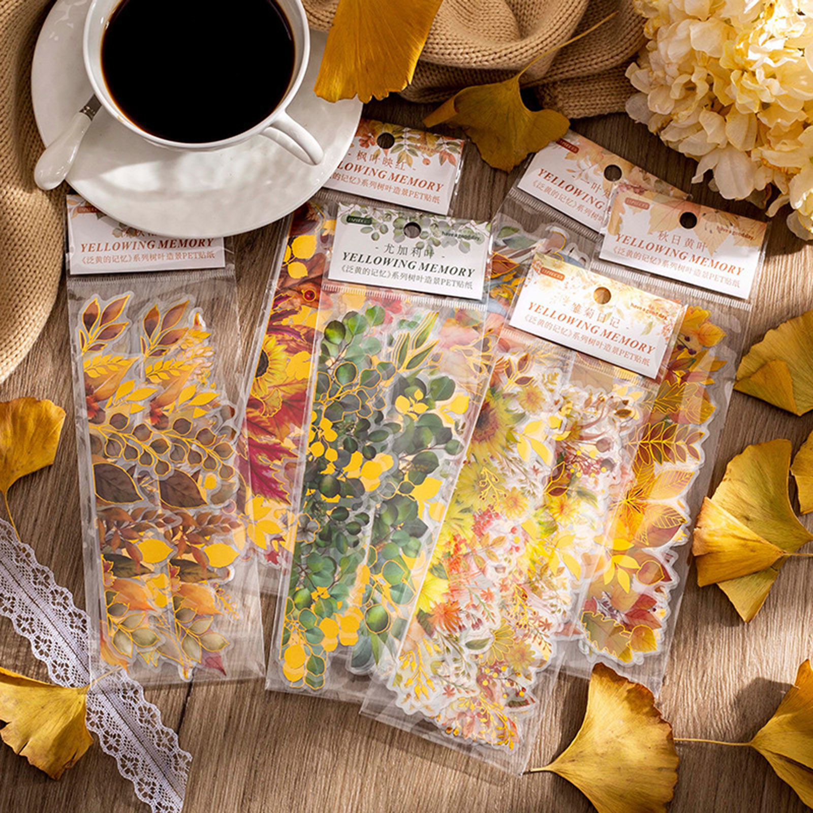 Immagine di PET DIY Decorazione Di Scrapbook Adesivi Giallo Foglia 22.6cm x 7.4cm, 1 Serie ( 15 Pz/Serie)
