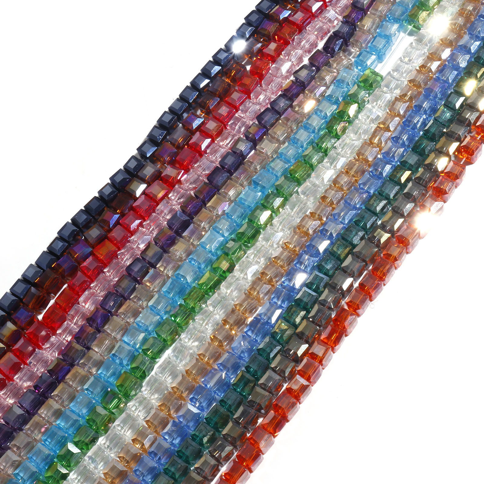 Bild von Glas Perlen Würfel Bunt AB Farbe Facettiert ca. 6mm x 6mm, Loch: 1.2mm, 58.5cm lang, 1 Strang (ca. 98 Stück/Strang)