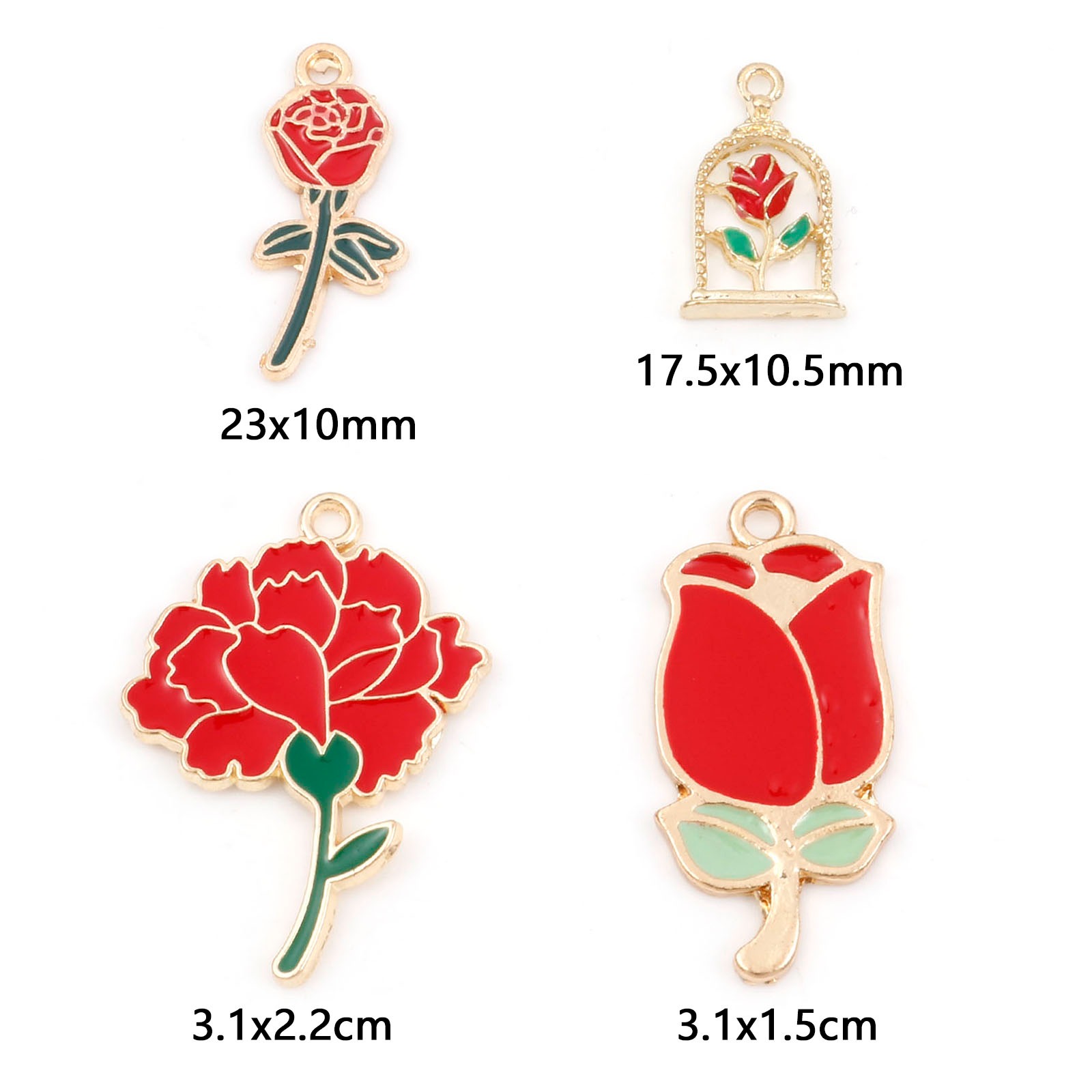 Immagine di Lega di Zinco San Valentino Charms Rosa Oro Placcato Rosso & Verde Smalto 10 Pz