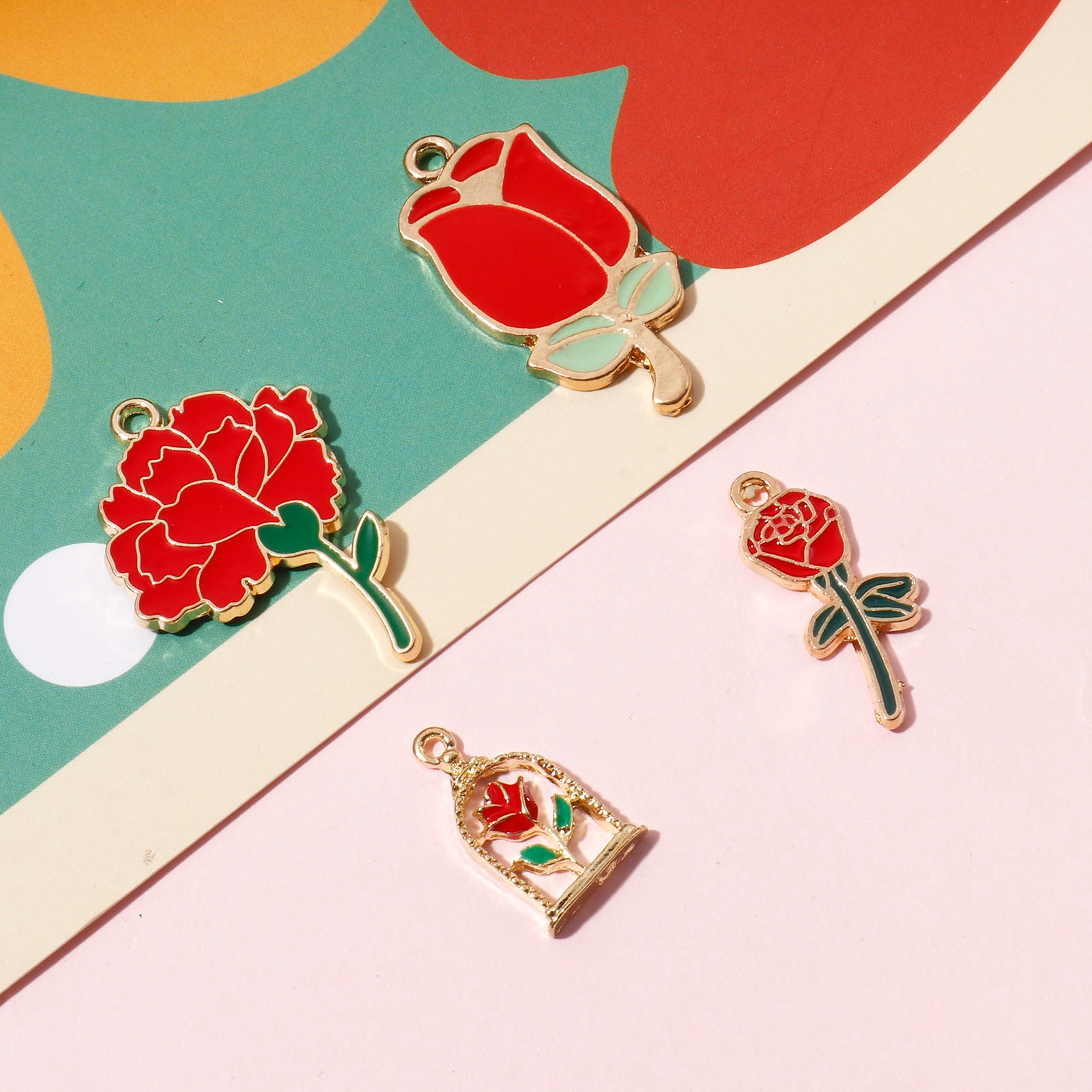 Immagine di Lega di Zinco San Valentino Charms Rosa Oro Placcato Rosso & Verde Smalto 10 Pz