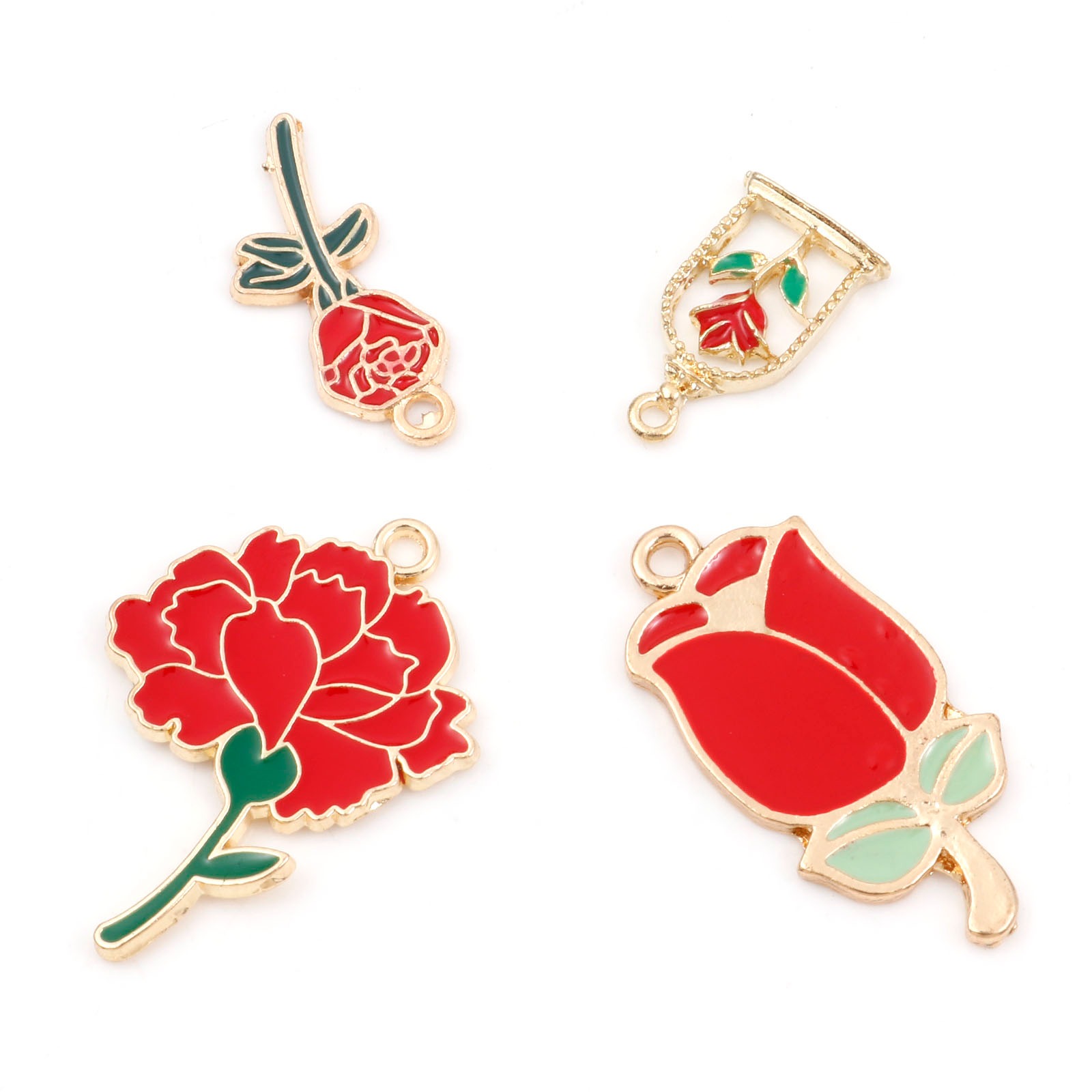 Immagine di Lega di Zinco San Valentino Charms Rosa Oro Placcato Rosso & Verde Smalto 10 Pz