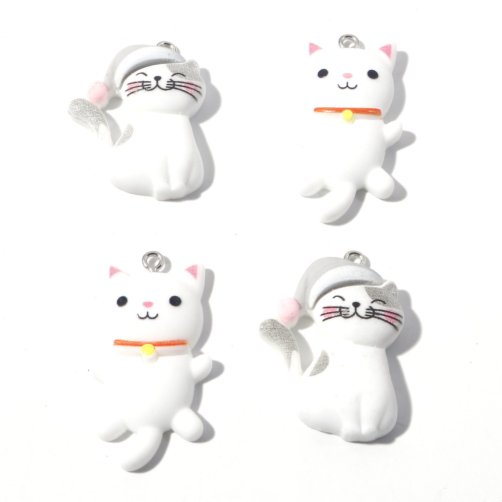 Immagine di Resina Ciondoli Gatto Tono Argento Bianco 5 Pz