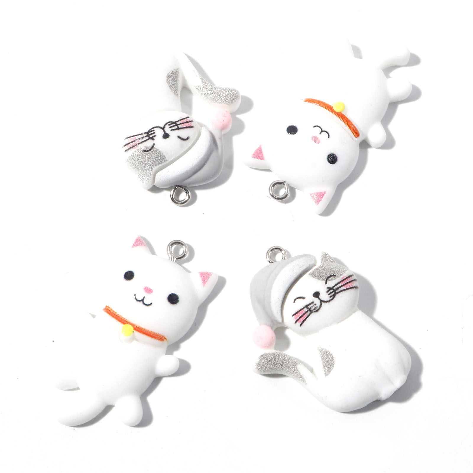 Immagine di Resina Ciondoli Gatto Tono Argento Bianco 5 Pz