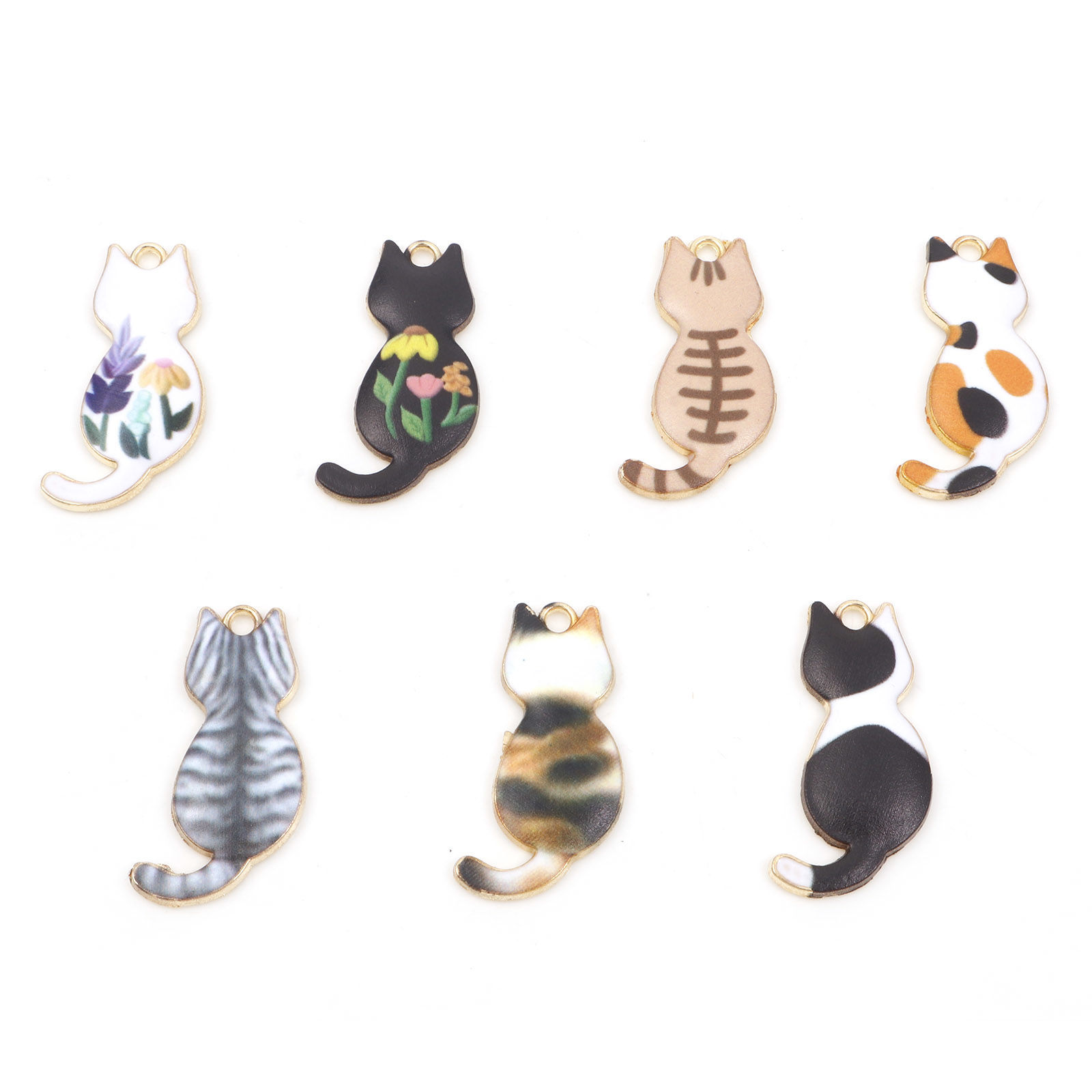 Immagine di Lega di Zinco Ciondoli Gatto Oro Placcato Multicolore Smalto 3cm x 1.6cm , 10 Pz