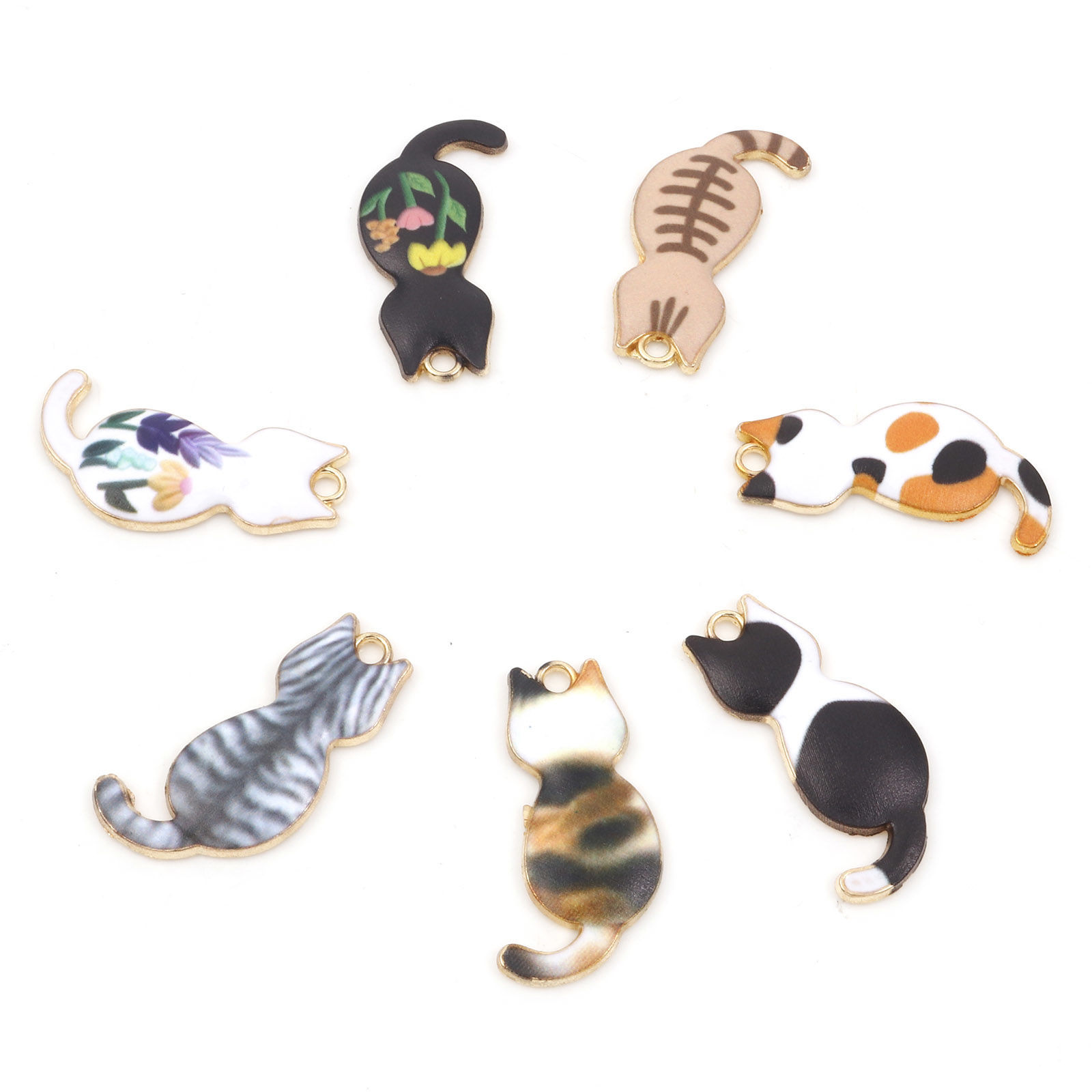 Immagine di Lega di Zinco Ciondoli Gatto Oro Placcato Multicolore Smalto 3cm x 1.6cm , 10 Pz