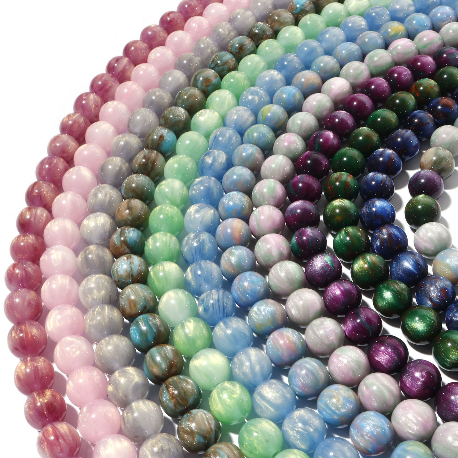 Image de Perles en Résine 1 Trou Rond Multicolore Perlaire Imitation Œil de Tigre 12mm Dia, Taille de Trou: 2mm, 10 Pcs