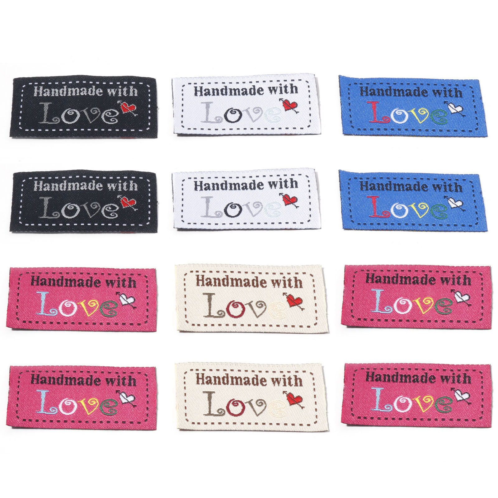 Bild von Terylen Label-Tag für Kleidung Rechteck Bunt , mit Herz Muster, " Hand Made With Love", 5cm x 2.4cm , 50 Stück
