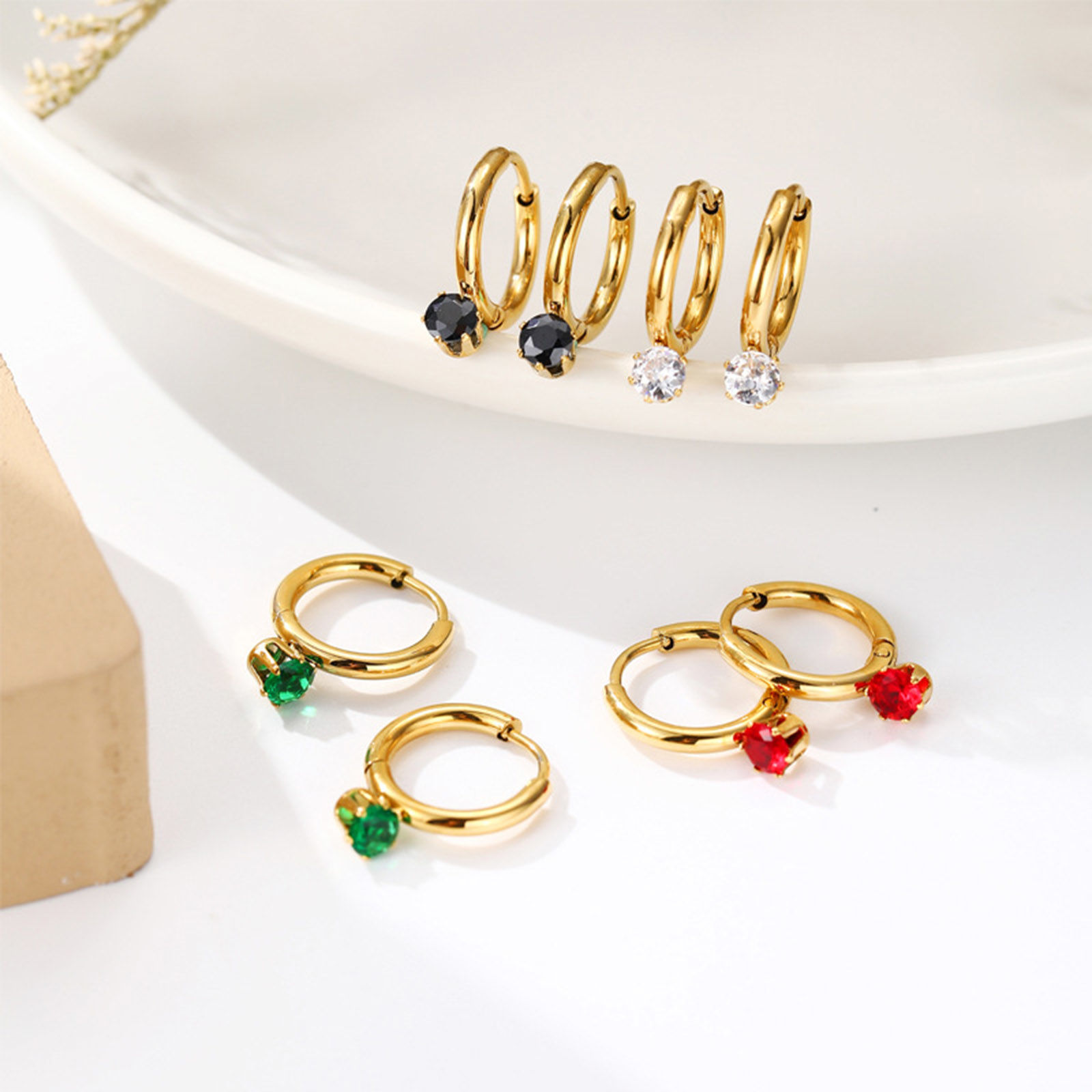 Picture of Eco-friendly Sweet & Cute Stylish 14K Real Gold Plated 304 Stainless Steel & Cubic Zirconia Round Hoop Earrings For Women Birthday