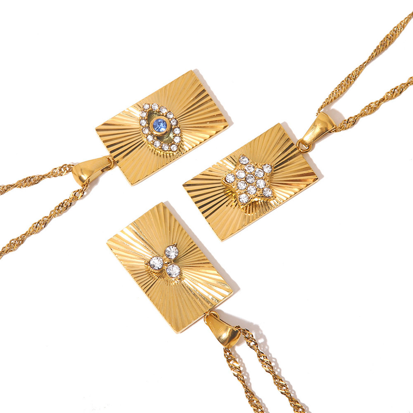 Imagen de Respetuoso del Medio Ambiente Exquisito Elegante 18K Oro lleno 304 Acero Inoxidable & Circón Artificial Cadena Trenzada Rectángulo Raya Collar con Colgante Para Mujeres 1 Unidad