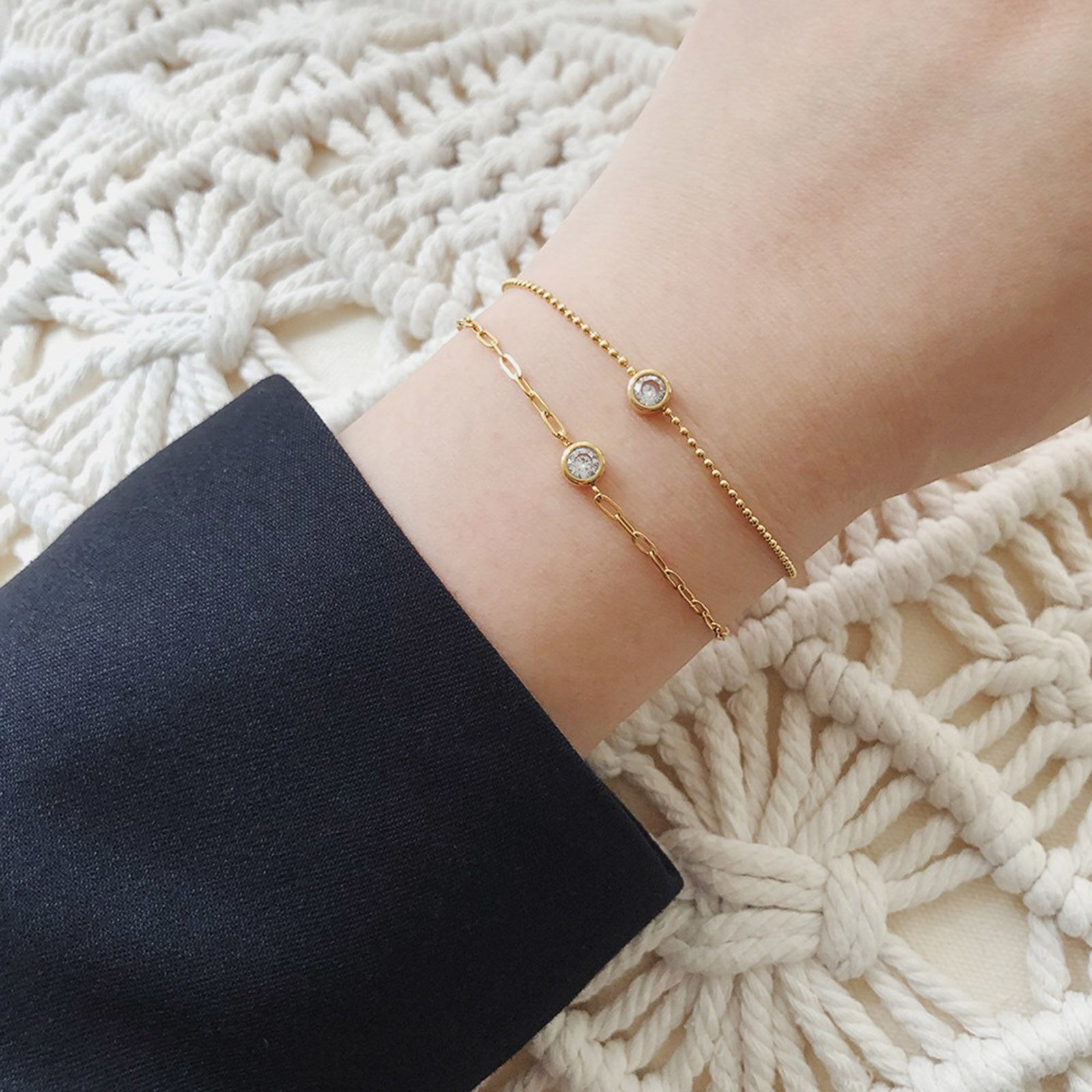 Picture of Eco-friendly Exquisite Stylish 18K Real Gold Plated 304 Stainless Steel & Cubic Zirconia Link Chain Round Charm Bracelets For Women