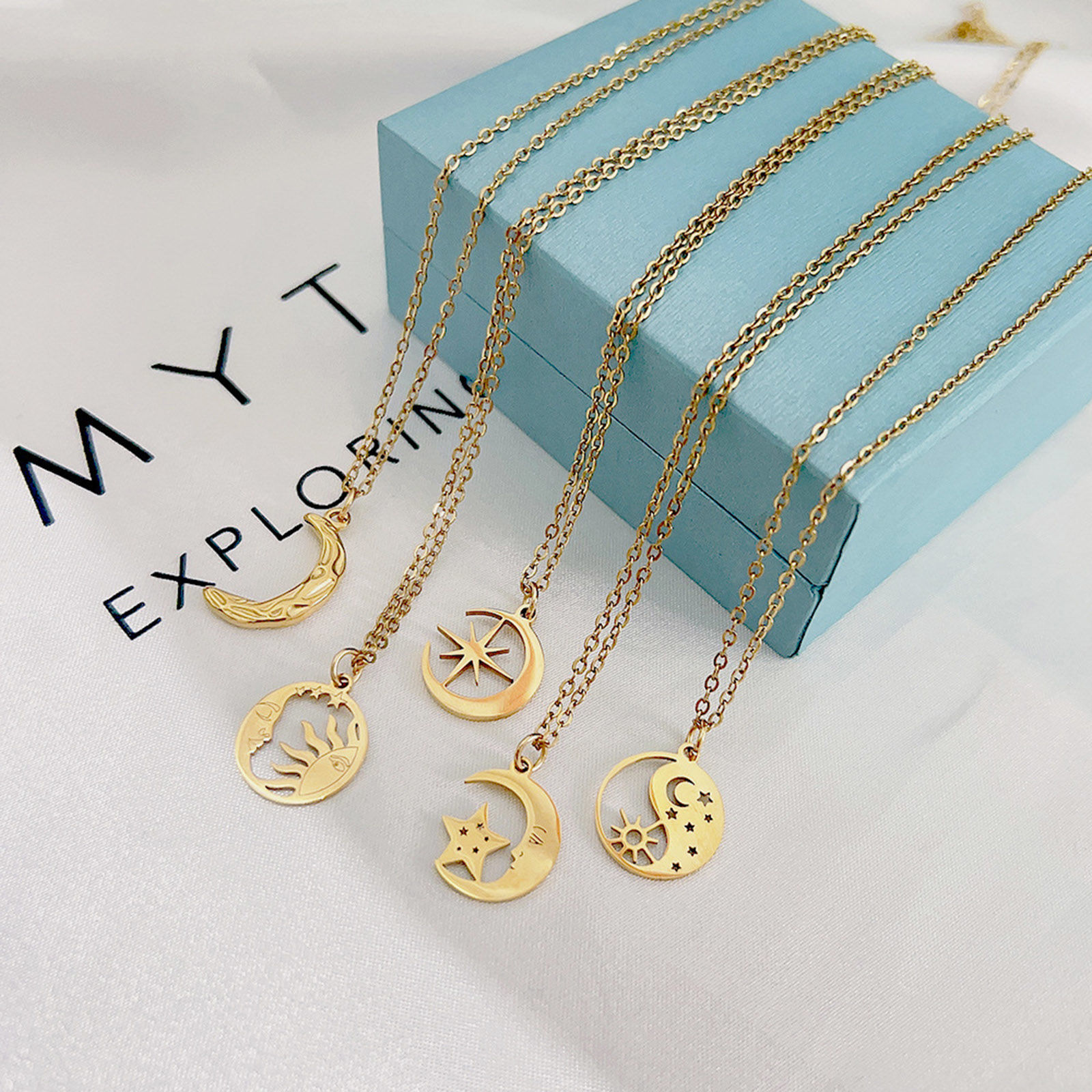 Picture of 304 Stainless Steel Galaxy Necklace Gold Plated Star Sun & Moon Hollow 40cm(15 6/8") long