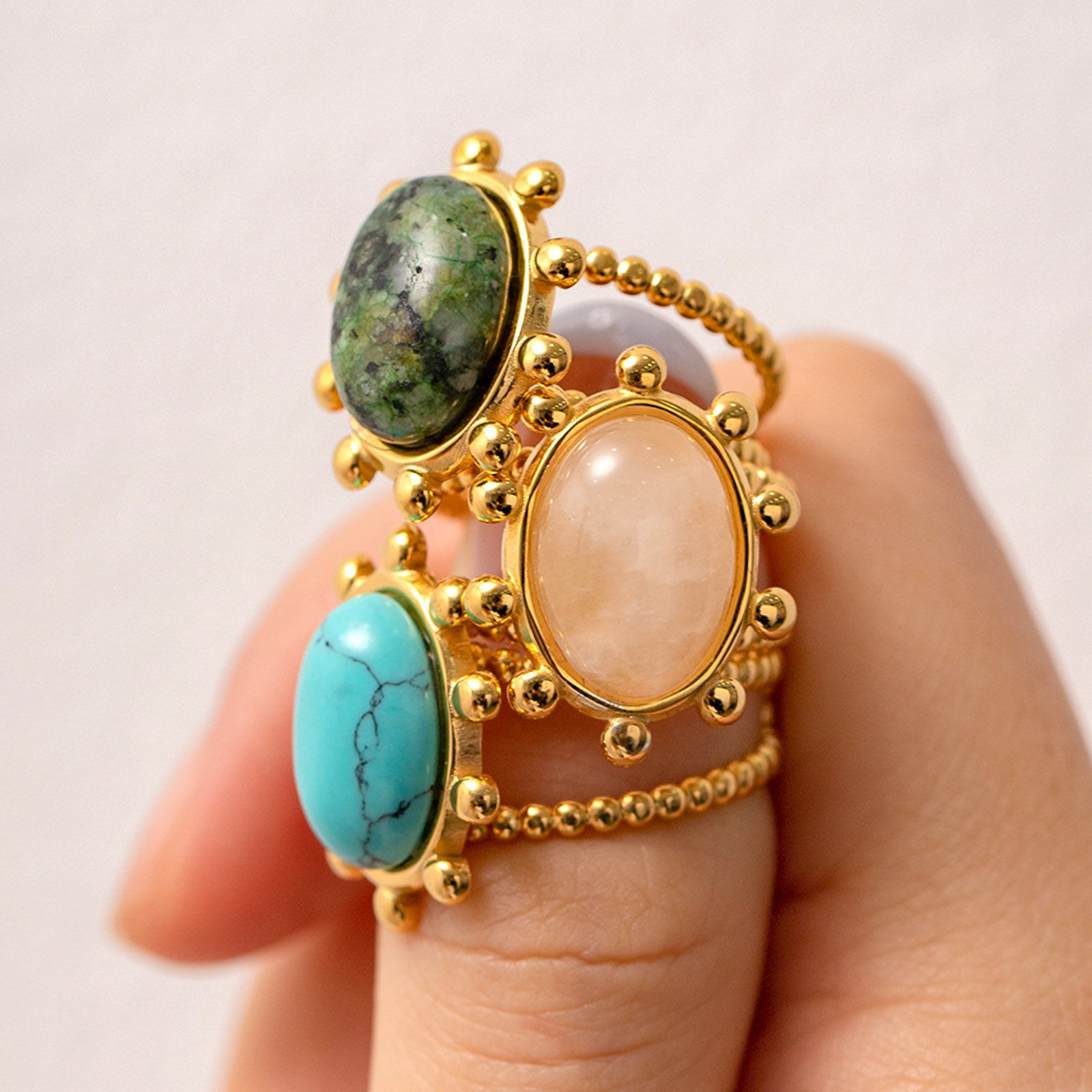 Bild von Umweltfreundlich Retro Böhmischer Stil 18K Vergoldet 304 Edelstahl & Stein Offen Oval Ring Für Frauen 2cm, 1 Stück