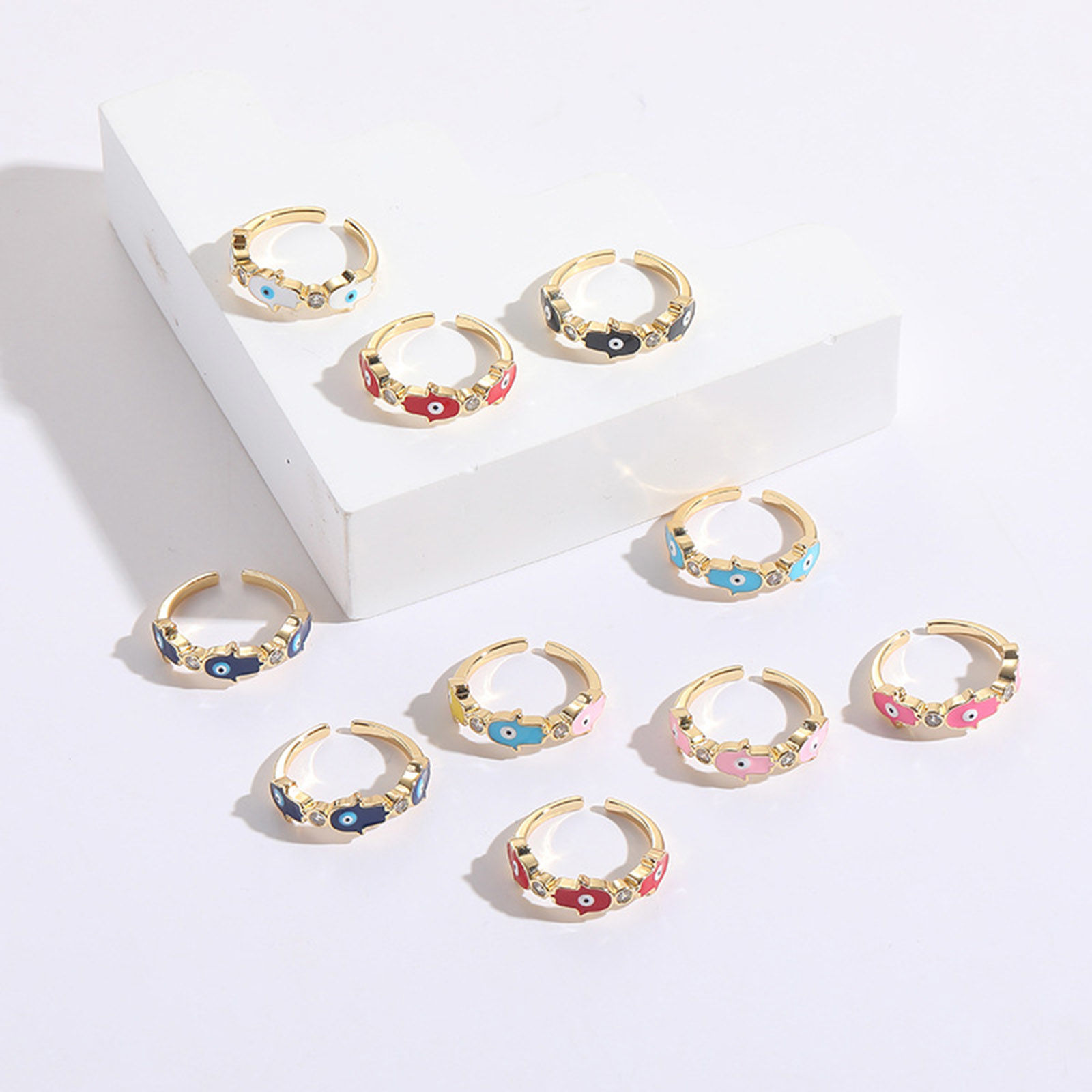 Imagen de Respetuoso del Medio Ambiente Retro Elegante 14K Oro Real Chappado Multicolor Cobre+ Circón Artificial Abierto Palma Mal de ojo Esmalte Anillos Para Mujeres 1 Unidad