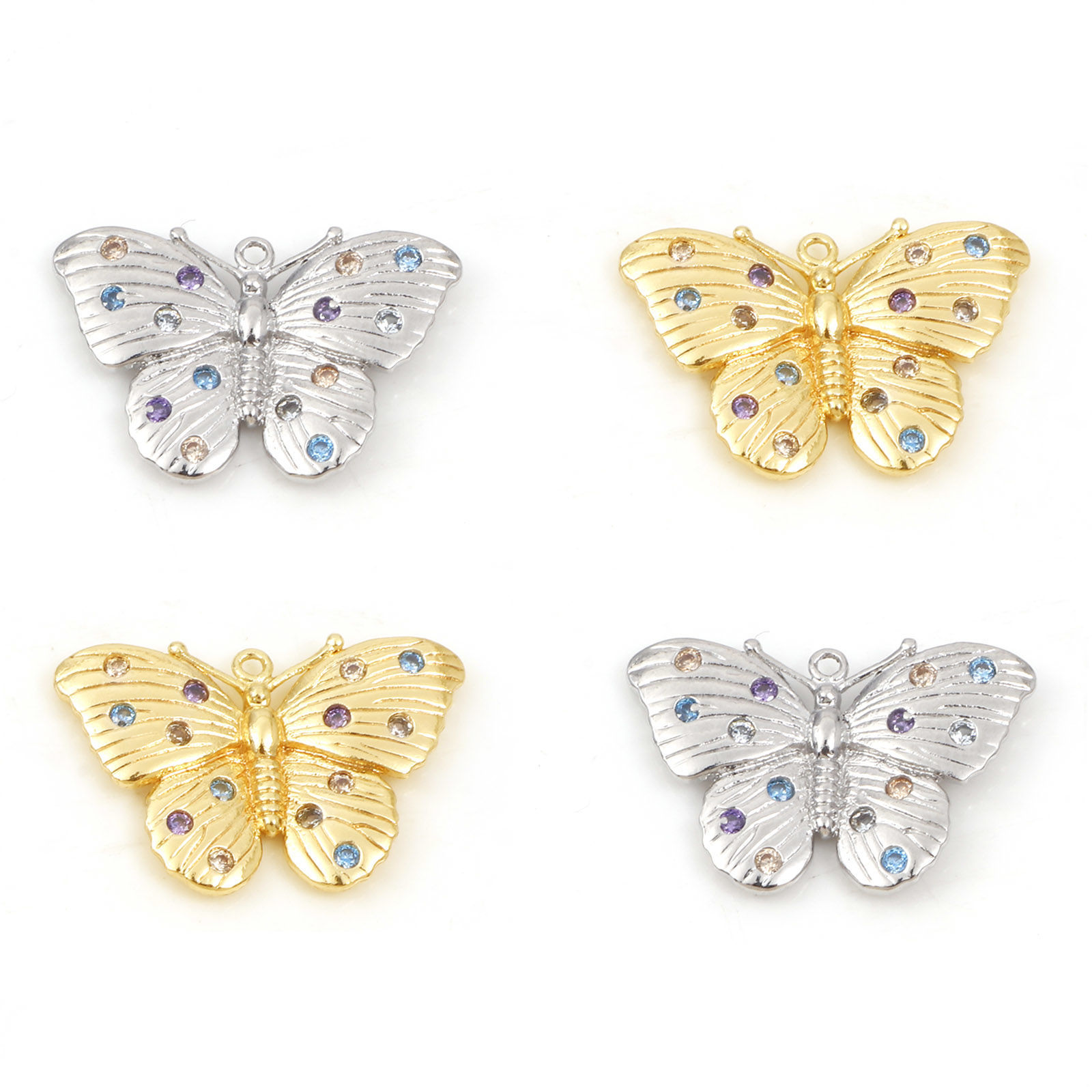 Picture of Copper Insect Charms Butterfly Animal Real Gold Plated Micro Pave Multicolour Cubic Zirconia 22.5mm x 15mm
