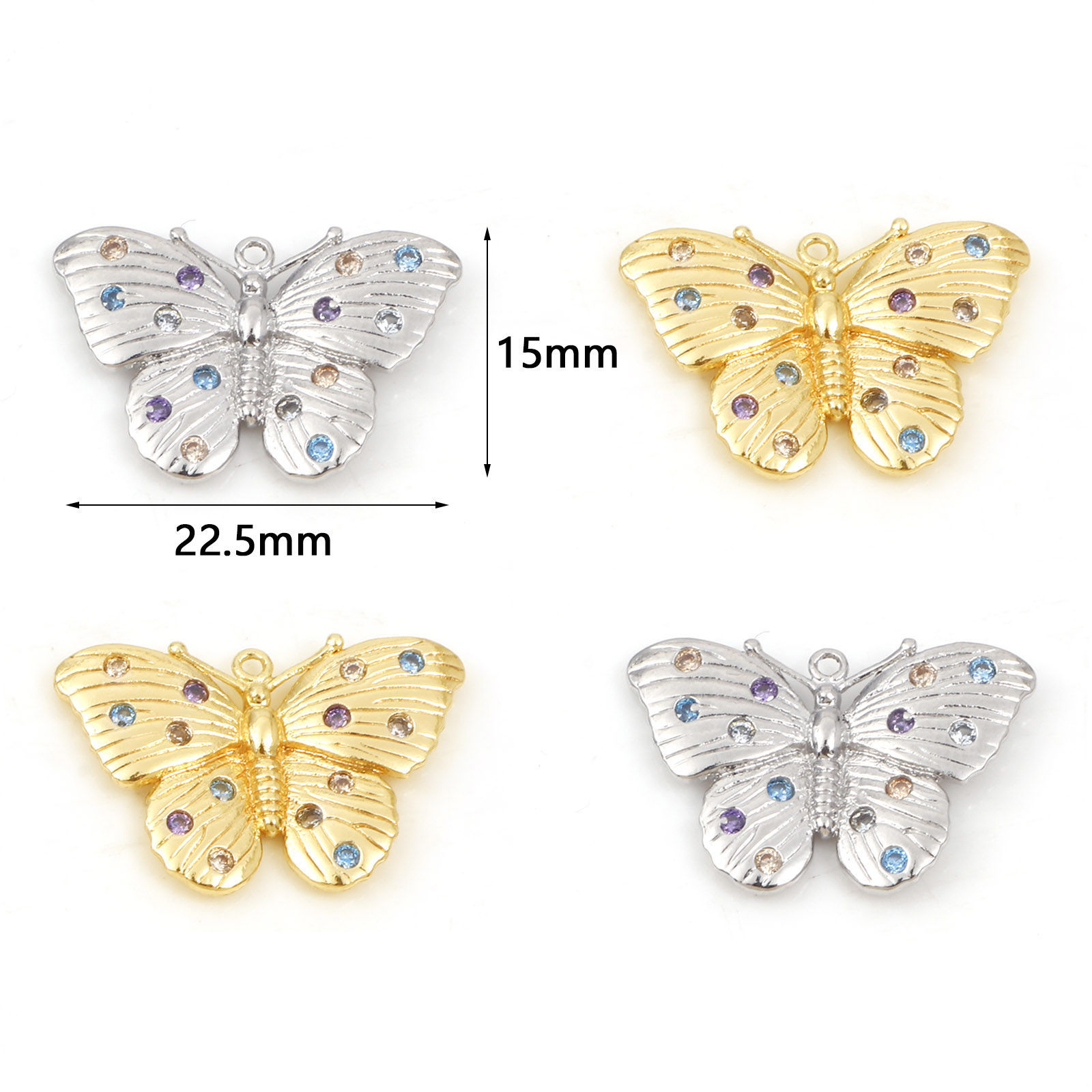 Picture of Copper Insect Charms Butterfly Animal Real Gold Plated Micro Pave Multicolour Cubic Zirconia 22.5mm x 15mm