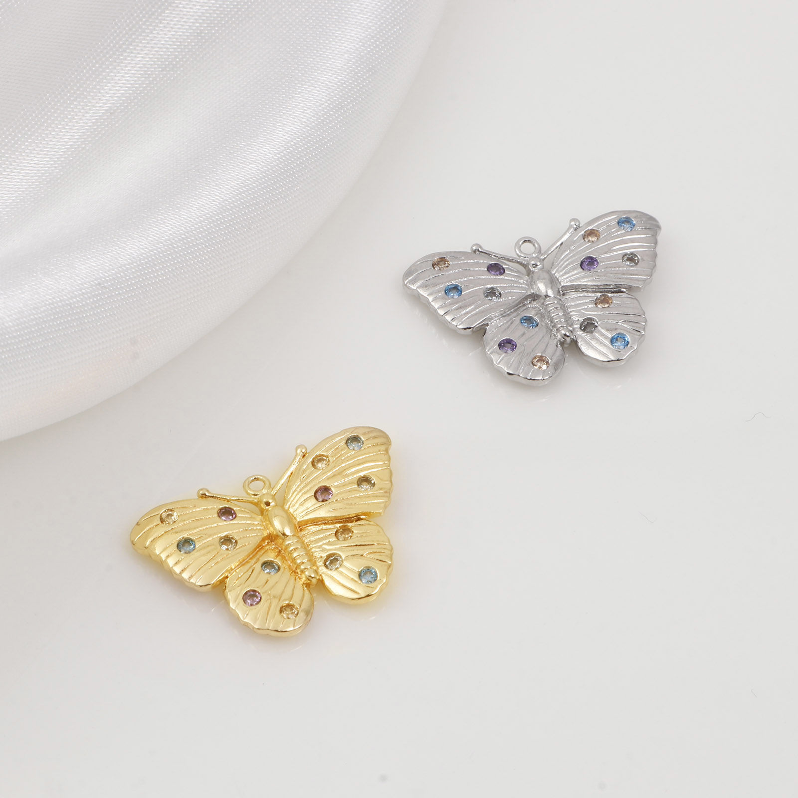 Picture of Copper Insect Charms Butterfly Animal Real Gold Plated Micro Pave Multicolour Cubic Zirconia 22.5mm x 15mm