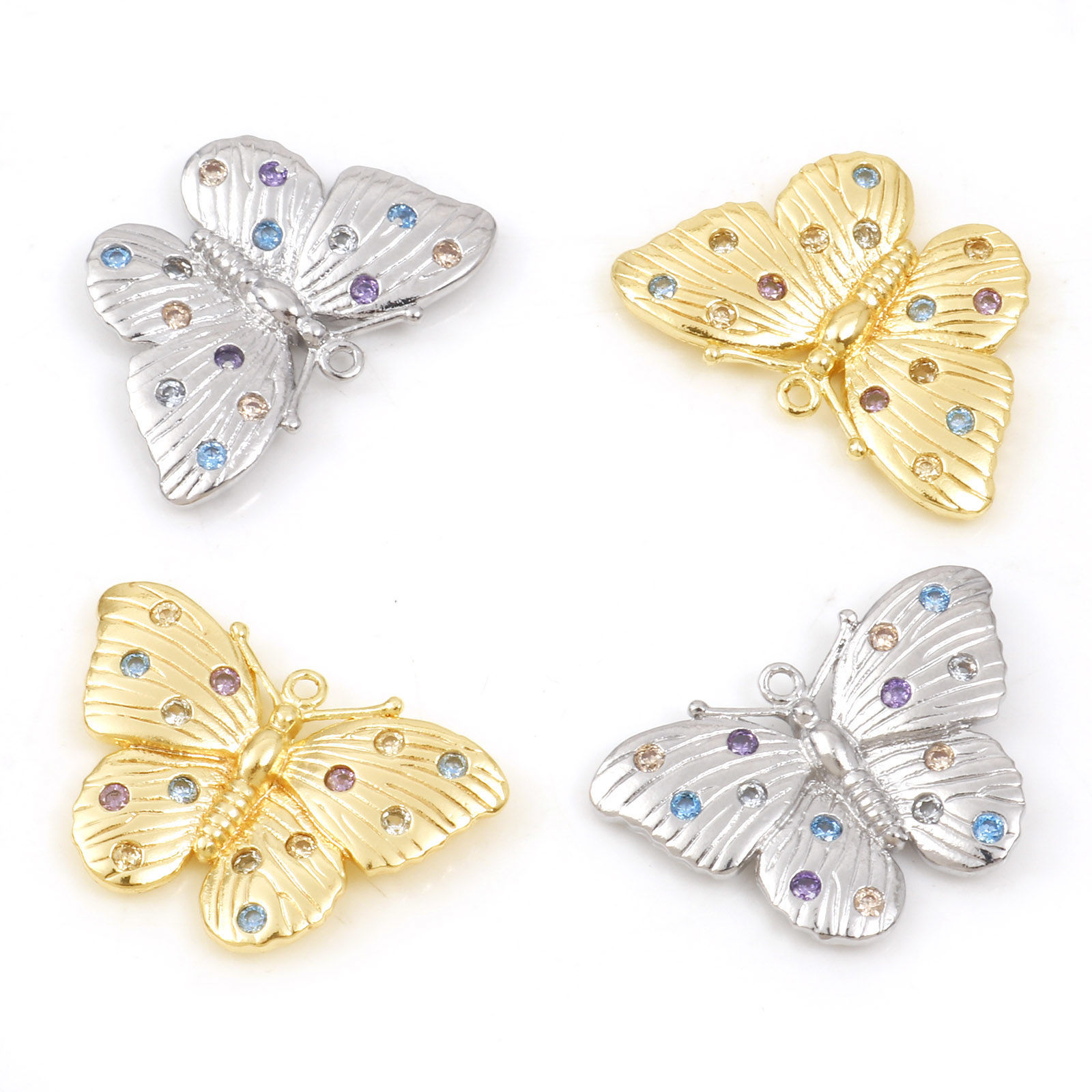 Picture of Copper Insect Charms Butterfly Animal Real Gold Plated Micro Pave Multicolour Cubic Zirconia 22.5mm x 15mm