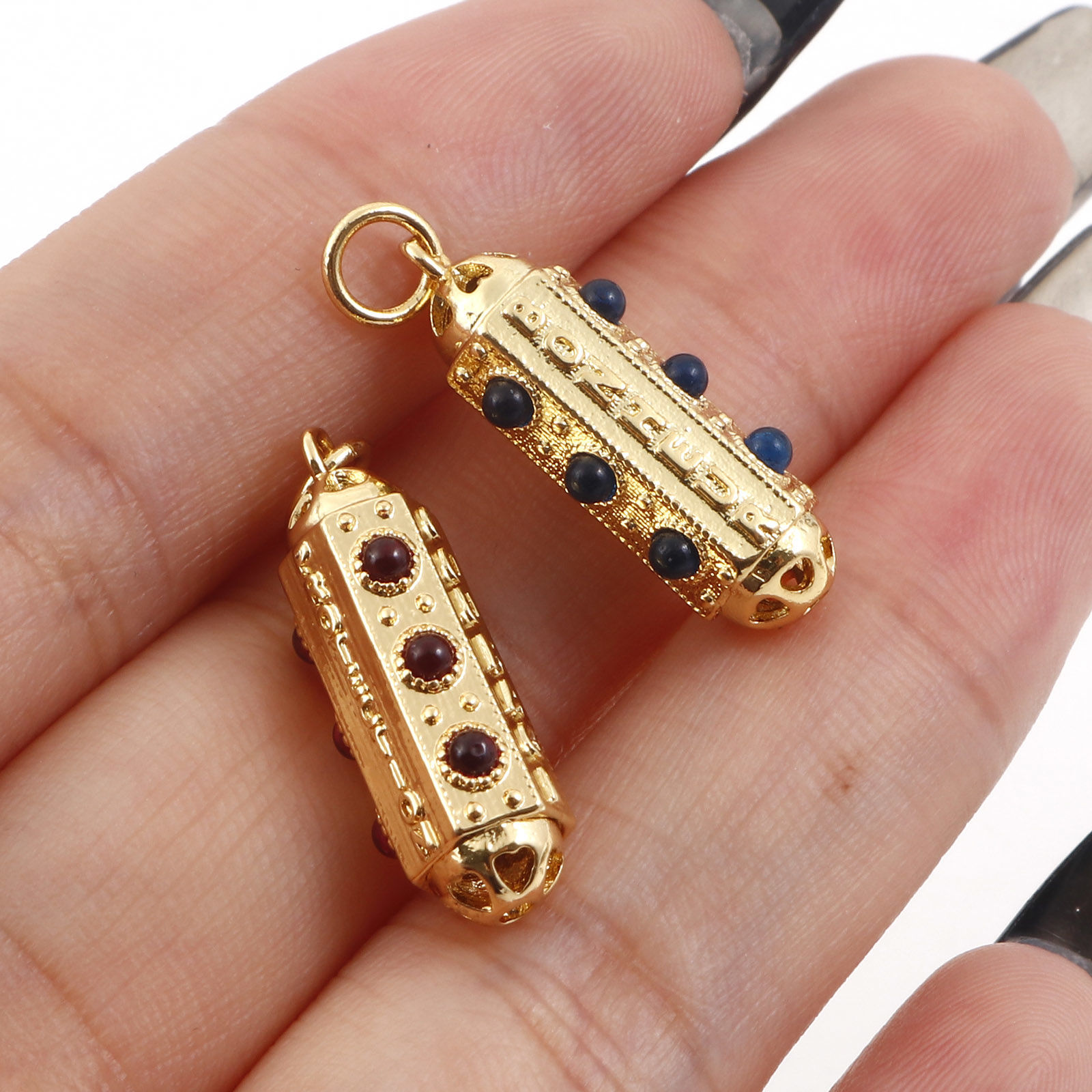 Picture of Copper Charms Gold Plated Hexagonal Prism Micro Pave Multicolour Cubic Zirconia 26mm x 7mm