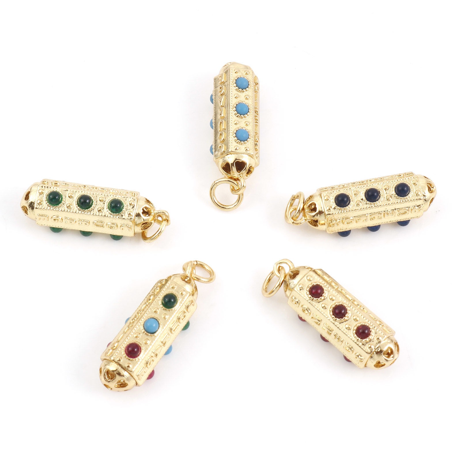 Picture of Copper Charms Gold Plated Hexagonal Prism Micro Pave Multicolour Cubic Zirconia 26mm x 7mm