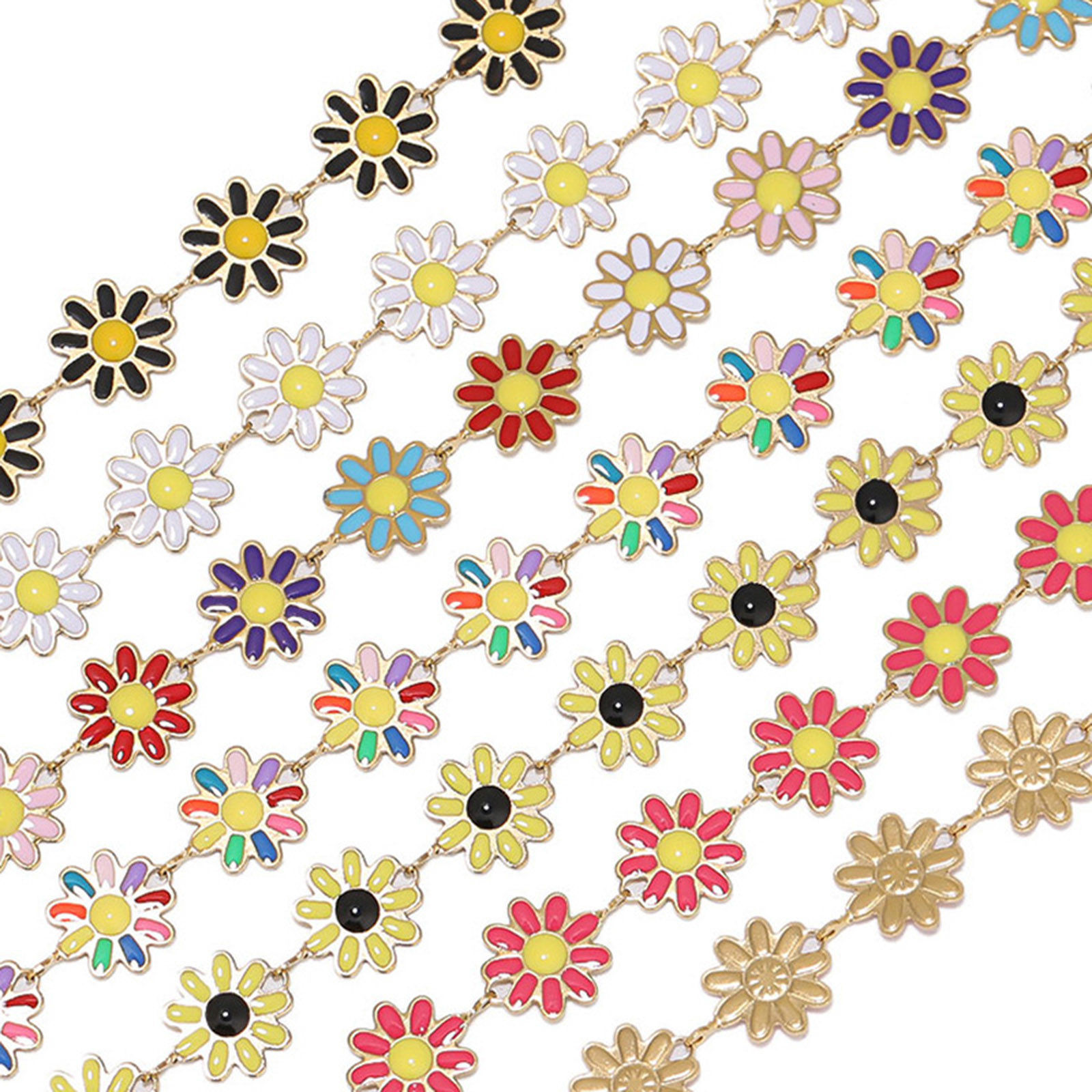 Immagine di 304 Acciaio Inossidabile Catena a Maglia Fatta a Mano Fiore Oro Placcato Multicolore Smalto 10mm, 1 M